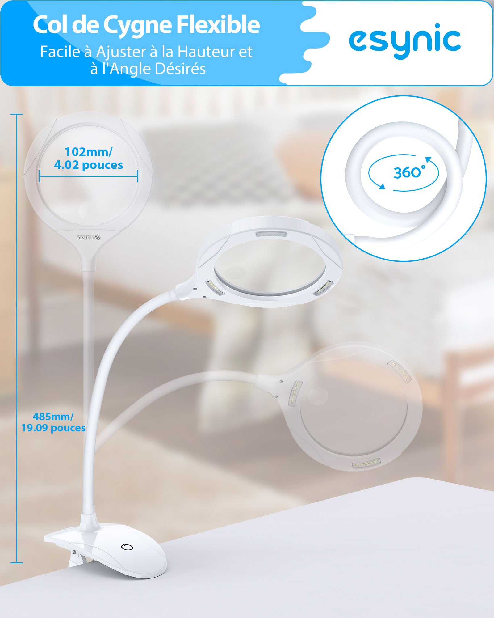 eSynic Lampe loupe LED 5X 10X Rechargeable avec Pince à métal 15LEDS 3 réglages d'éclairage réglables