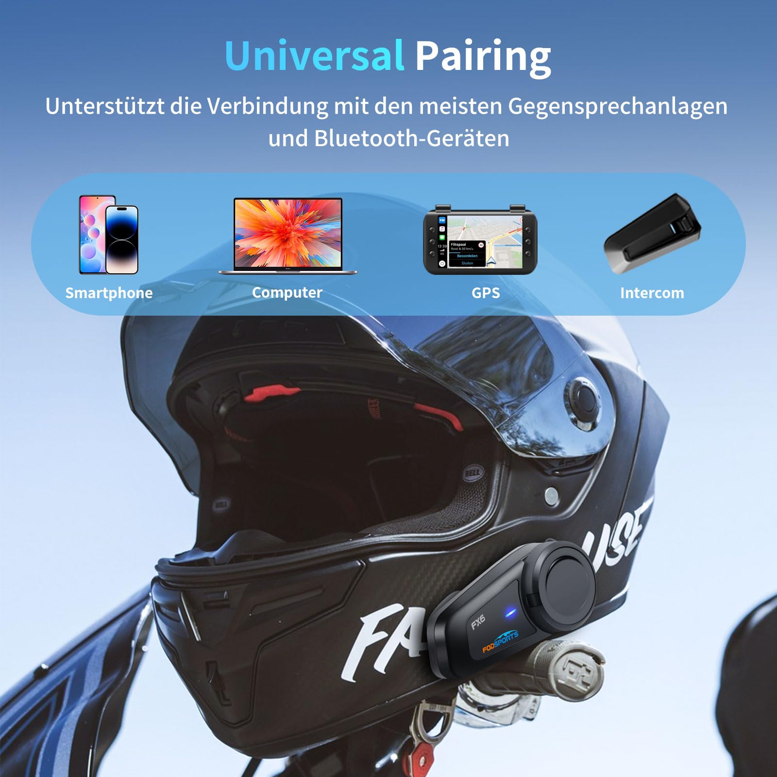 FODSPORTS FX6 Moto Intercom Casque Bluetooth 5.0 Jusqu'à 6 conducteurs Communication simultanée pour 1000 mètres avec couplage universel, réduction du bruit CVC, commande vocale