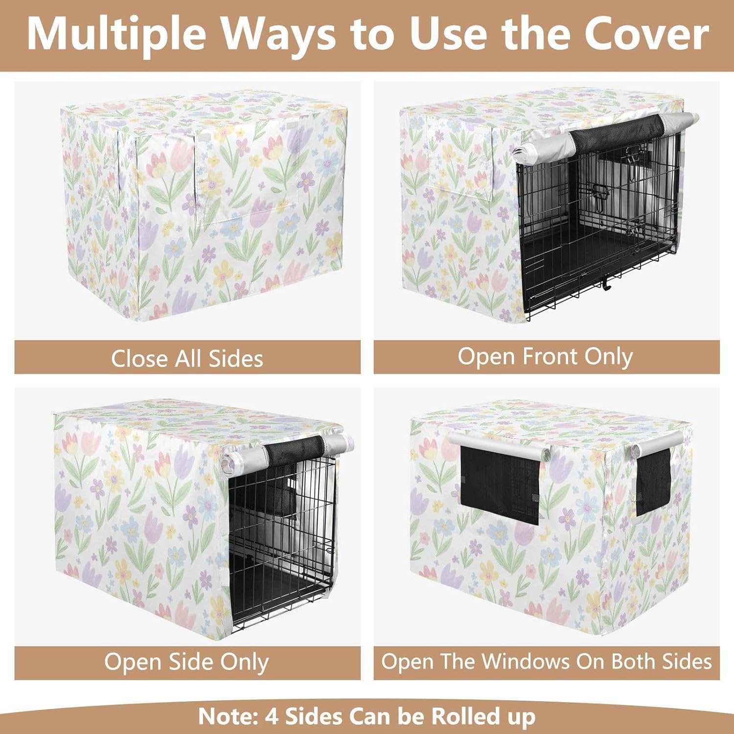 Spring Flower Tulip Daisy Pastel Dog Crate Cover Easy to Install, Pet Kennel Cover with Mesh Windows, X-Large