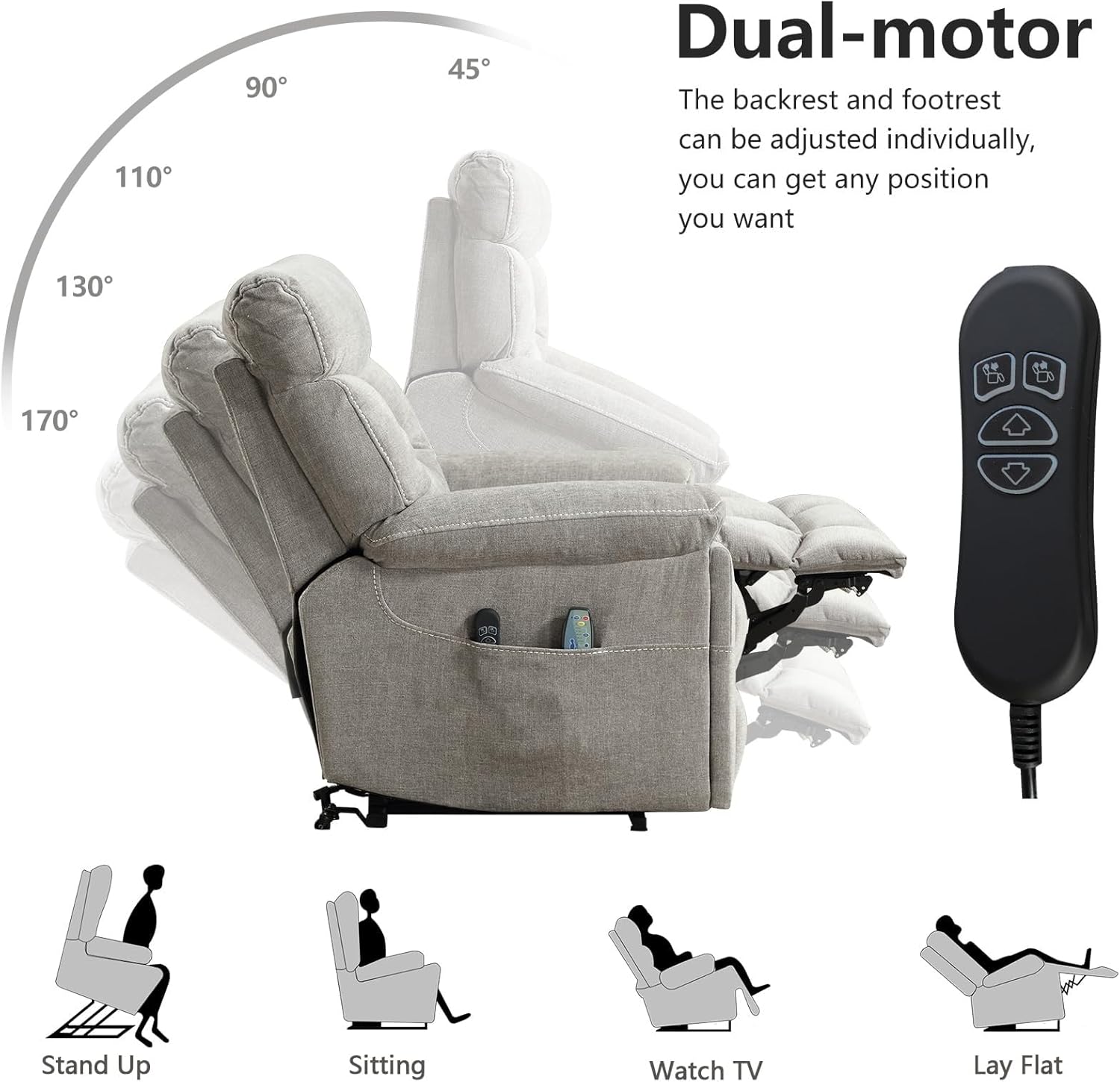 Extra-Wide Seat 450 lbs Weight Capacity Infinite Position Adjustment for Elderly Grey Fabric Cup Holders and USB Port with Heated Massage Dual Motor Power Lift Recliner Chair