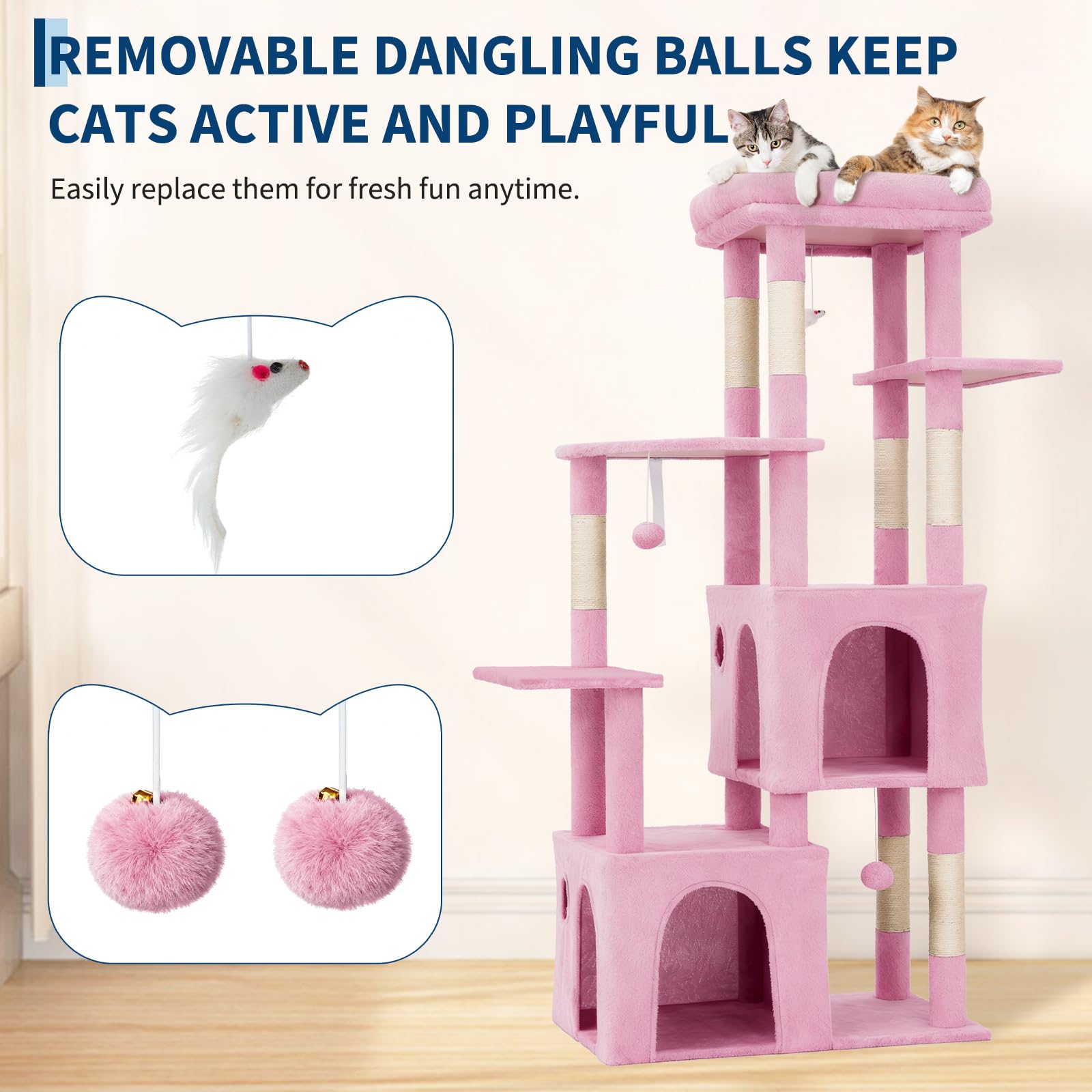 Garvee Arbre à Chat 157cm Stable pour Grands Chats et Maine Coon – Grand Plateforme, 2 Condos spacieux, poteaux à griffer en sisal Naturel, Jouets Suspendus, Multi-Niveaux pour Plusieurs Chats – Rose