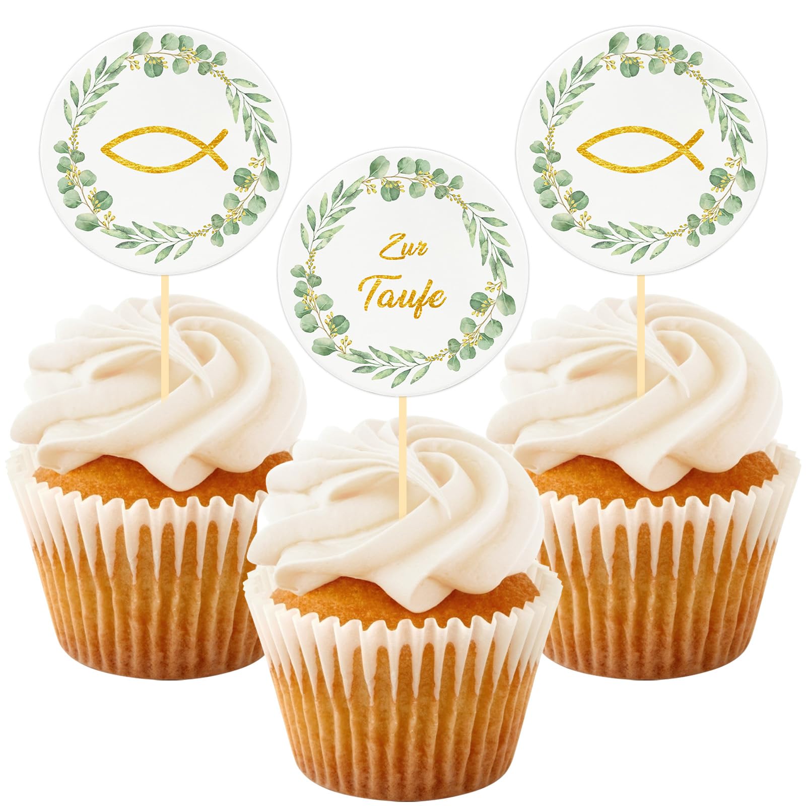 Cake Topper Taufe, 24 Stück Fisch Eukalyptus Cupcake Torte Deko, Zur Taufe Tortendeko Junge Mädchen, Personalisiert Muffin Deko Taufdeko Party Geschenke