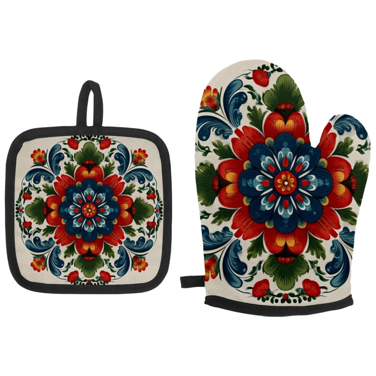 Maniques et gants de cuisine de style norvégien aux finitions florales haut de gamme
