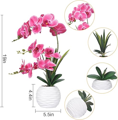 Vista 99 de Flores artificiales de orquídea de tacto real en maceta, flor falsa de Phalaenopsis con jarrón de cerámica blanca, arreglo de orquídeas sintéticas