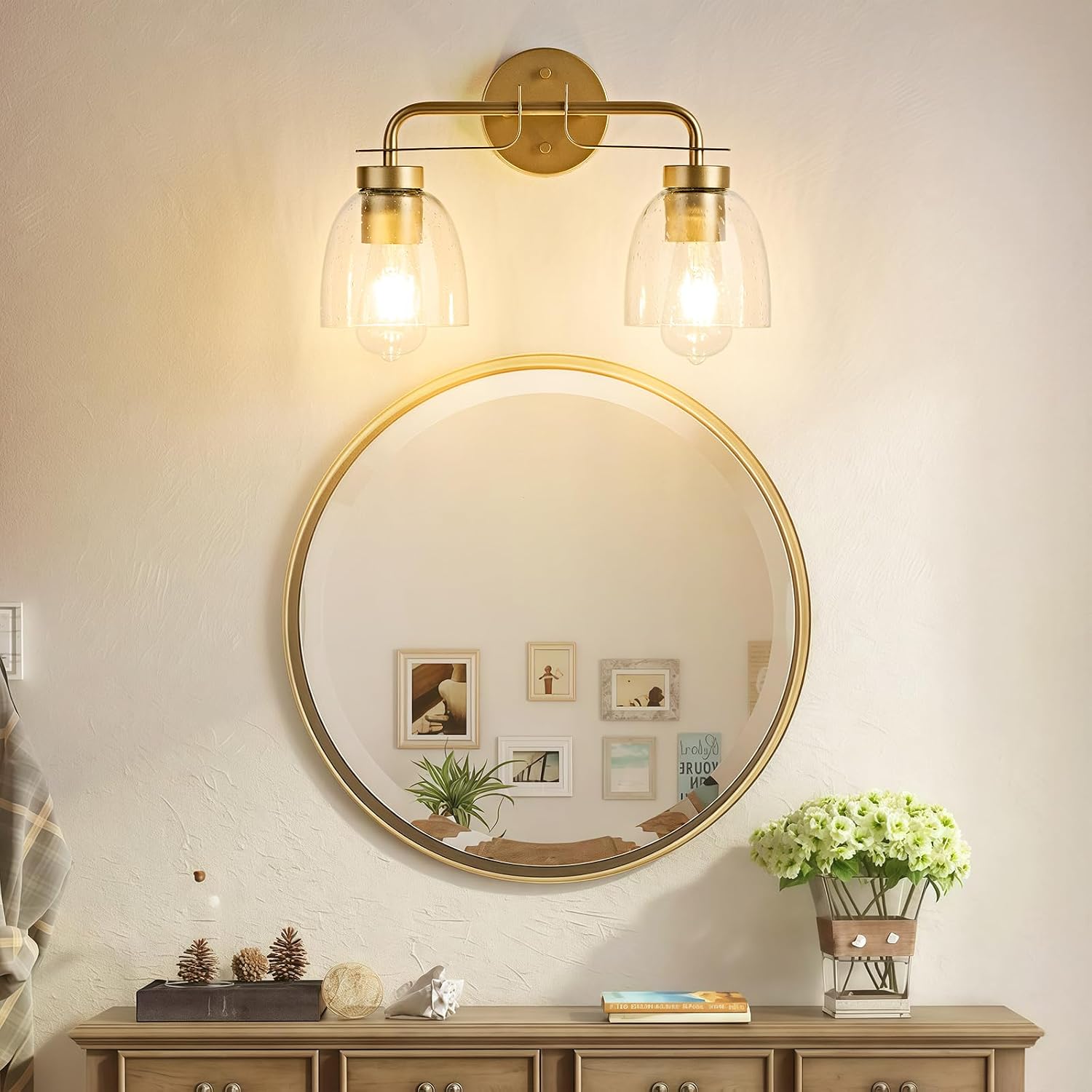 16 Inch Vanity Lights, 2-Light Golden Modern Industrial Bathroom Light Fixtures with Bell Bubble Glass Shade, Wall Sconce for Bathroom Mirror, Bedroom, Hallway (2 Pack)