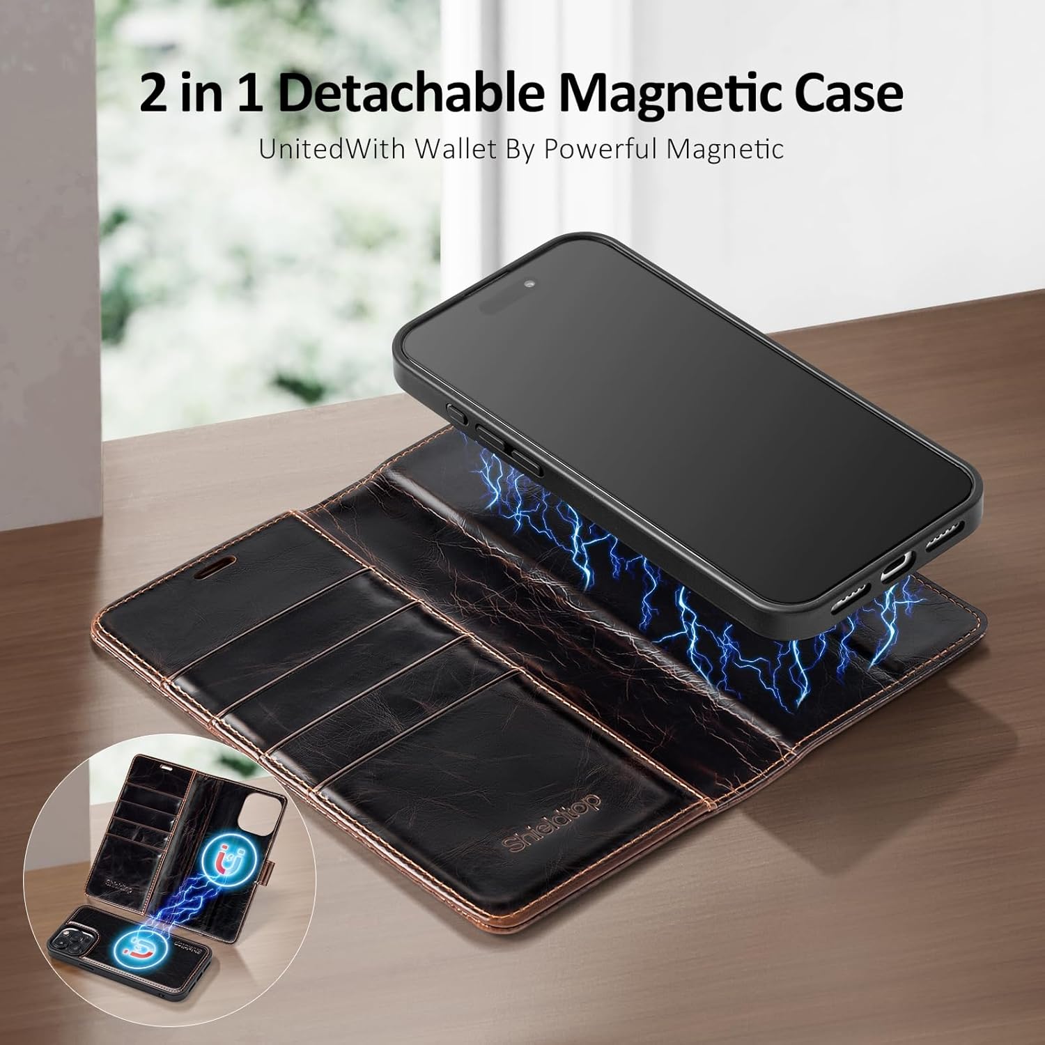 Compatible with Magsafe Magnetic 2 in 1 Detachable iPhone 14 Pro Wallet Case with Card Holder Credit Slots Men Women,PU Leather RFID Blocking Flip Kickstand for Apple 14 Pro 6.1",(Coffee) - Image 4