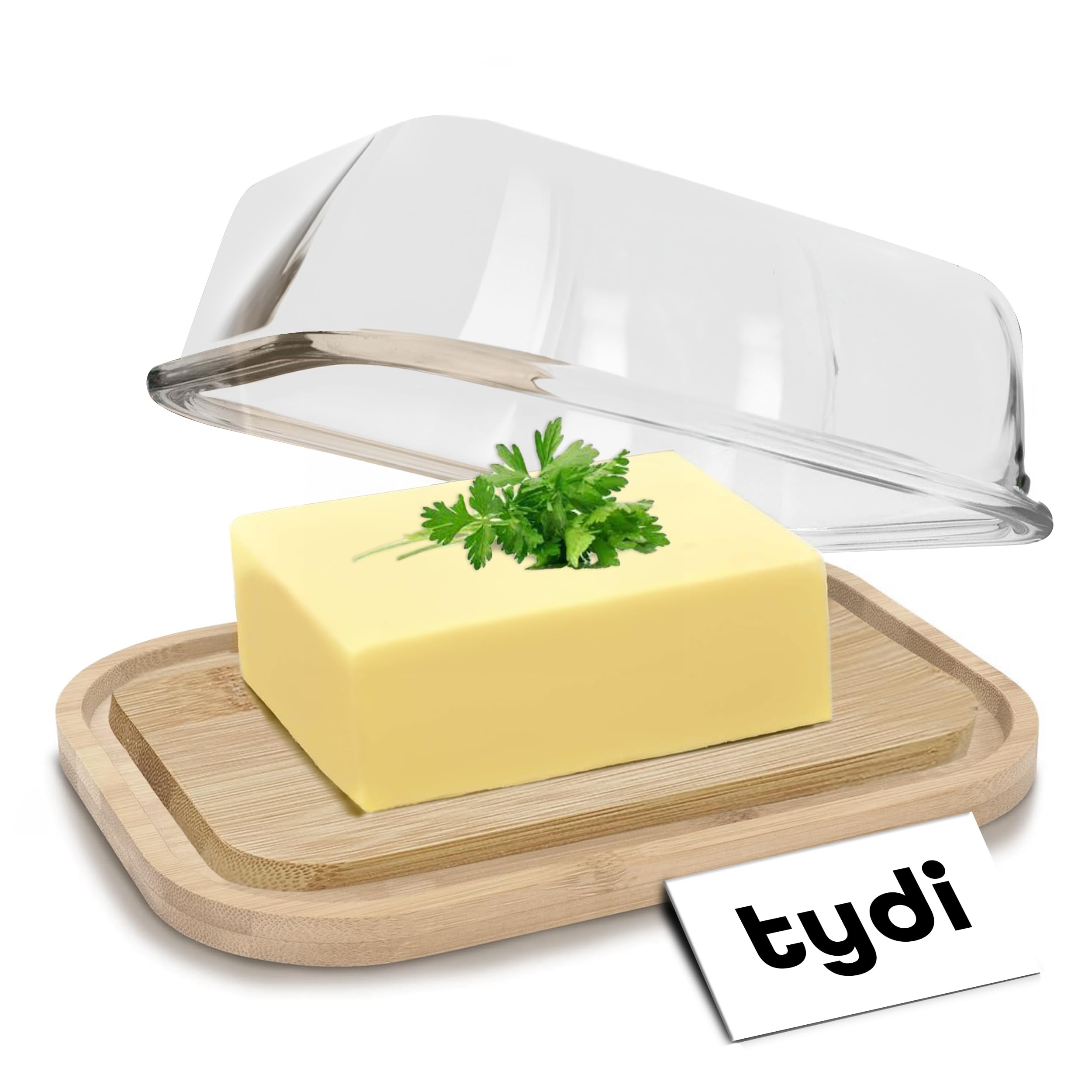 Tydi Glass Butter Dish with Lid & Bamboo Base, 10.5 x110x7cm (200g up to 250g Capacity) Butter Tray for Fresh Storage