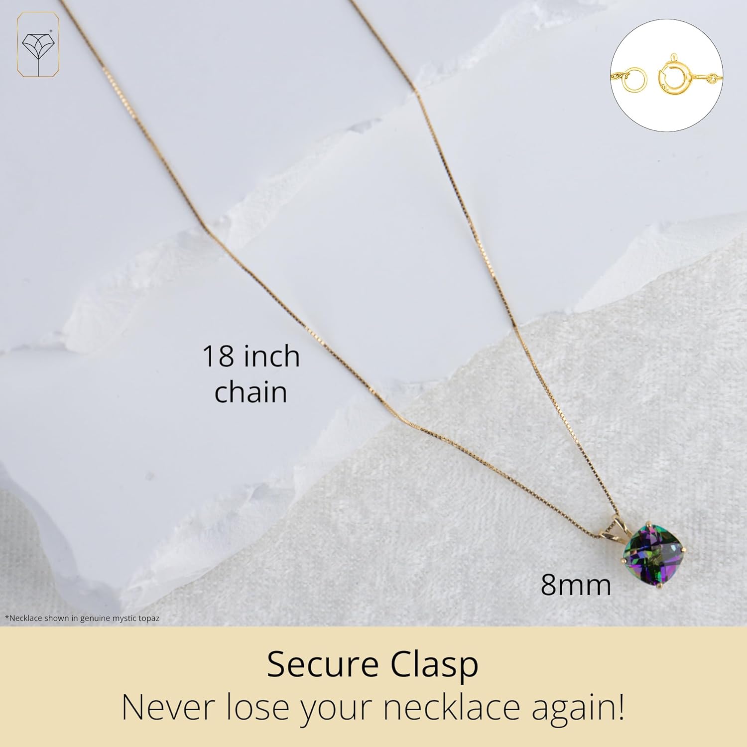 MAX + STONE Cushion Cut Gemstone Necklace | 8mm Solitaire Birthstone Necklace for Women | Gemstone Pendant Necklaces with 18 inch Box Chain
