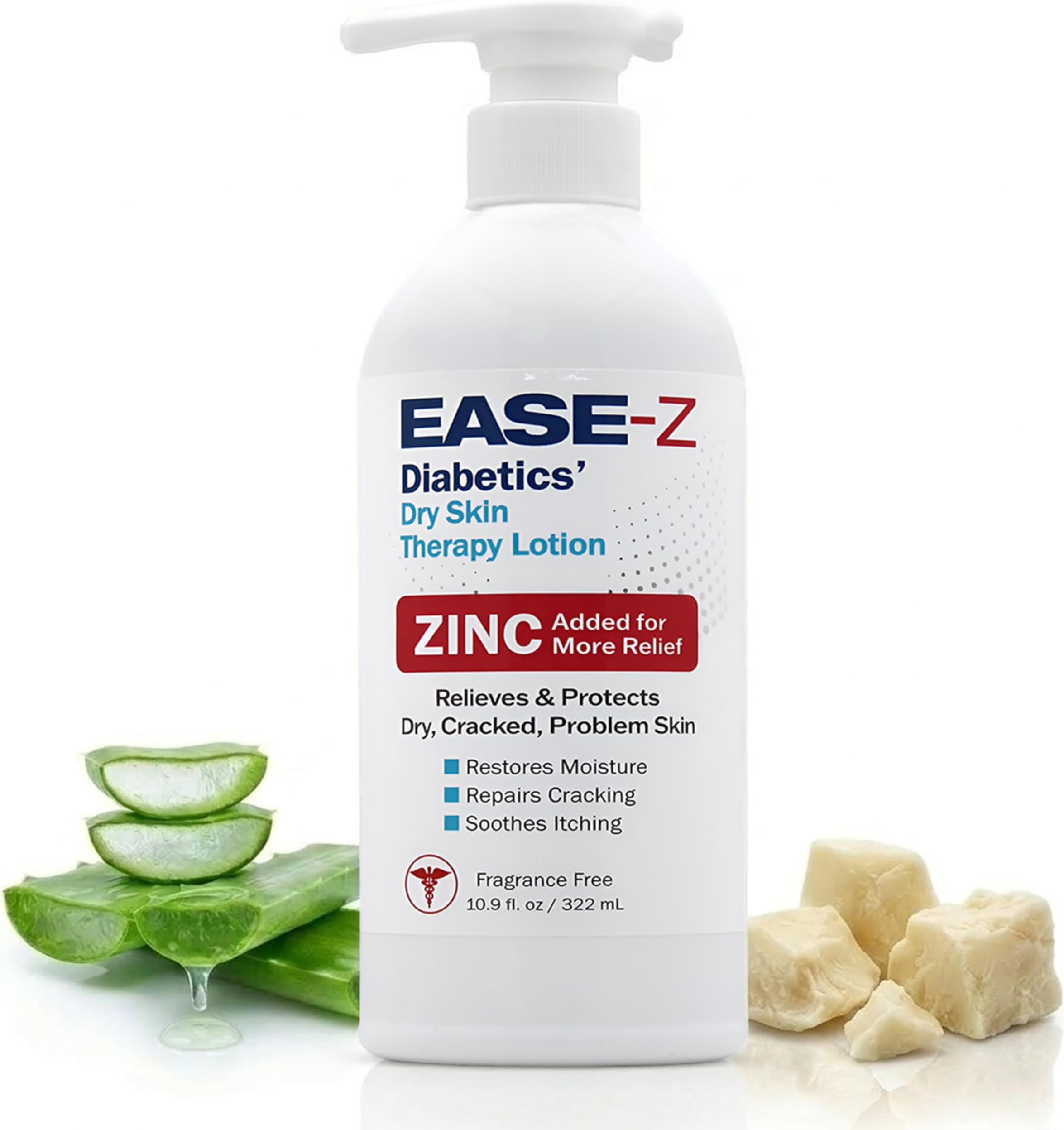 Diabetic Lotion for Dry Skin. Clinically Proven ingredients and ZINC relieve dryness, reduce redness, and calm itching. With Shea Butter. Fast-Acting, Long-Lasting. 10.9 oz
