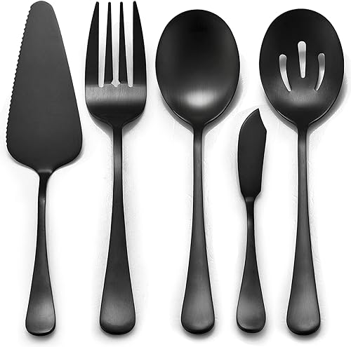 LIANYU Juego de utensilios de servir de 5 piezas, color negro mate, juego de cubiertos de acero inoxidable, ideal para bufé, catering, fiesta,