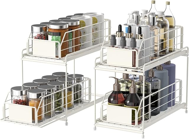 Under Sink Organizers Set of 2, Multi-Purpose 2 Tier Under Sink with Sliding Storage Drawer, for Kitchen Laundry Room Bathroom Countertop Storage Cabinet Metal Basket (White)
