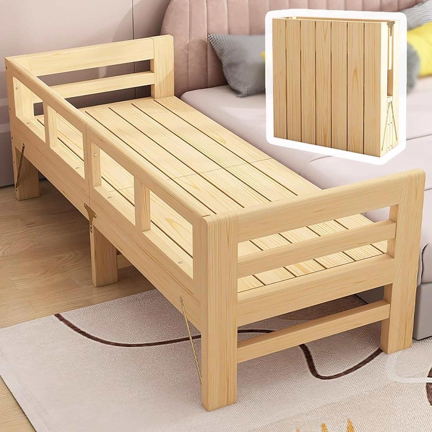 Heavy-duty Folding Toddler Bed Frame with Removable Fence, Vintage Classic Queen-size Bedside Sleeper for Fall Proof & Safety Protection, 71'' 79 Inch Long Adult Sleepable(H - 16'',L 71 x W 24 inch)