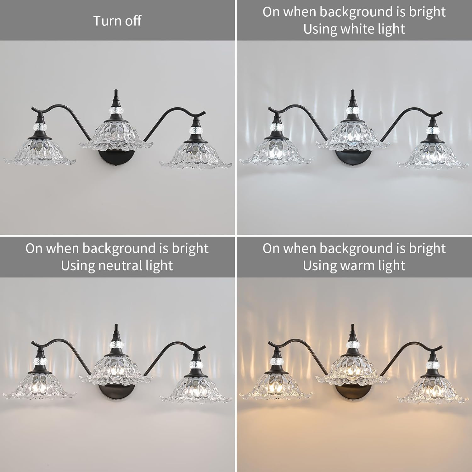 Vintage Bathroom Vanity Light Fixtures - 3 Light Antique Matte Black Bathroom Lights Fixture Over Mirror with Clear Flower Glass,Retro High End Wall-Mounted Vanity Lighting for Bath Powder Room