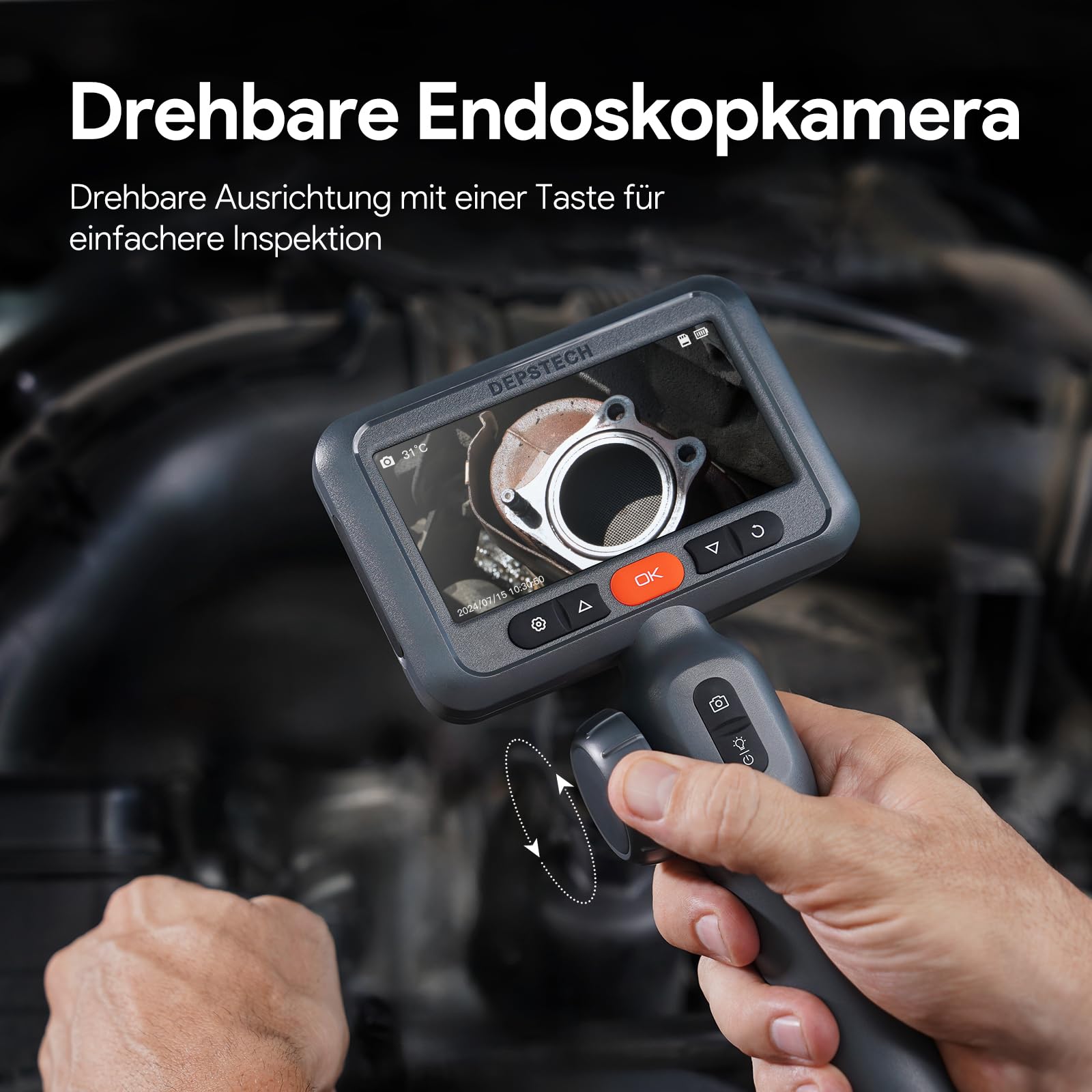 DEPSTECH Telecamera endoscopio girevole da 6,2 mm, con luce, 1080P, testa mobile 210°, schermo IPS da 4,5", endoscopio, telecamera di ispezione, camera tubolare, telecamera per canale, 1,5 m