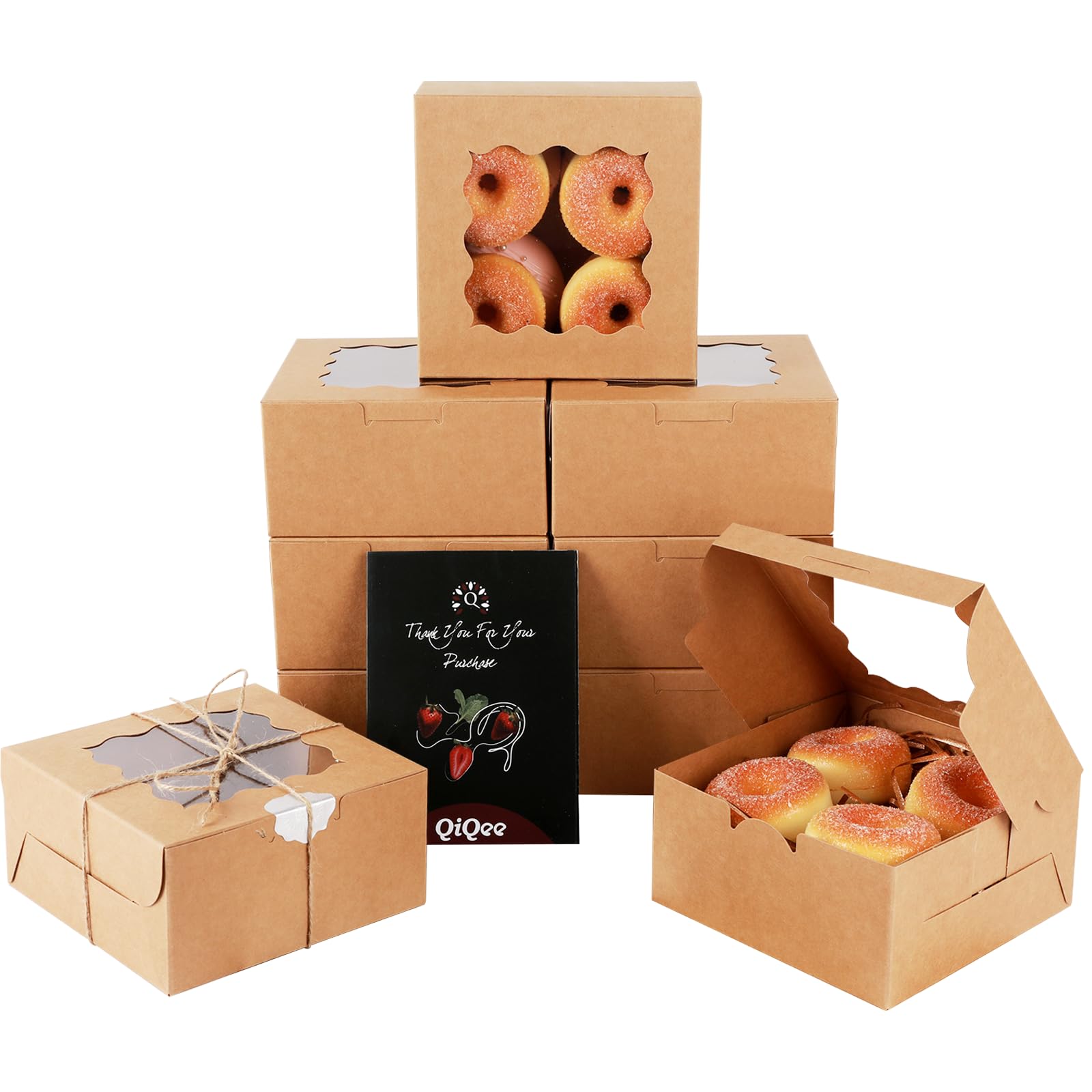 Photo 1 of qiqee 140Pcs Brown Bakery Box with Window 6"×6"×3" Macaron Boxes Small Donut Pastry Boxes for Party Mini Cookie Boxes
