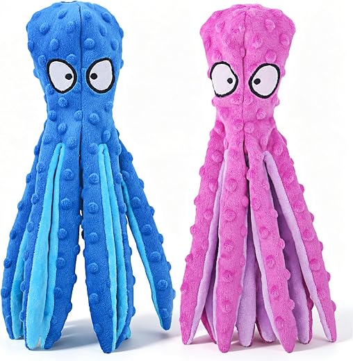 HGB Squeaky Dog Toys, Octopus No Stuffing Crinkle Plush Pet Training and Entertaining, Durable Interactive Chew Toys for Puppy Teething, Small, Medium, and Large Dogs, 2 Pack