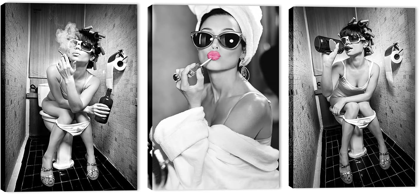 3 Piece Bathroom Decor Canvas Wall Art - Pink Lips Hepburn Sexy Women on The Toilet Pictures Canvas Prints for Home Wall Decor, Funny Black and White FRAMED Artwork for Bedroom (12" Wx18 Hx3 Panels)