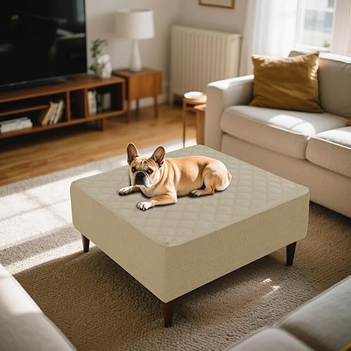 Miniatura 10 de Funda Otomana Acolchada Impermeable Fundas de Sofá para Reposapiés Funda de Taburete Fundas Protectoras para Taburete con Encaje Antideslizante Café