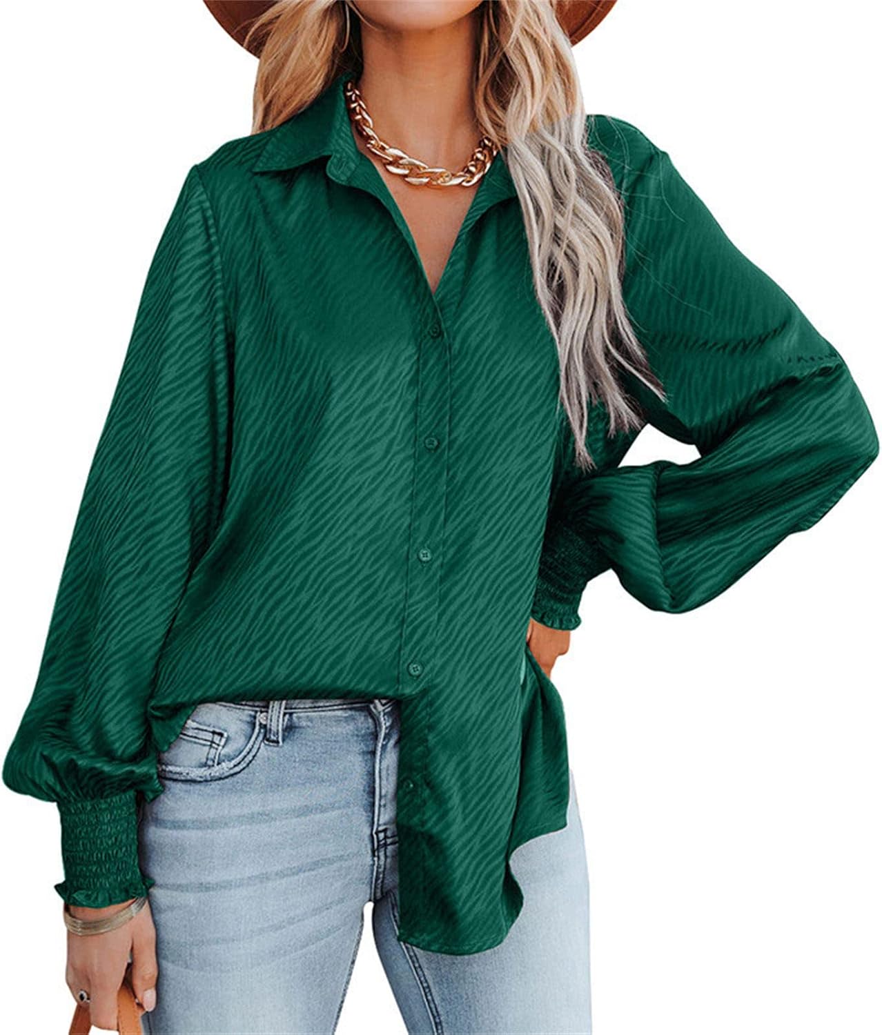 JEsilunmaMY Womens Loose Lantern Sleeve Lapel Blouses Button Down Print Casual Collared Shirts Fall Baggy Jacquard Blouses