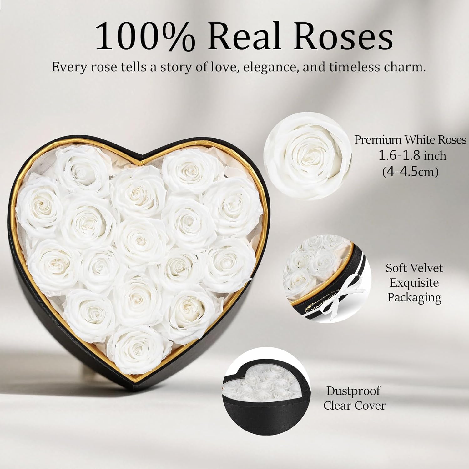 16 Preserved Roses in Heart Shape Gift Box for Her - Forever Flowers for Delivery, Eternal Rose Mothers Gifts for Mom, Wife Anniversary Birthday Valentine Gifts for Women, White - Image 5