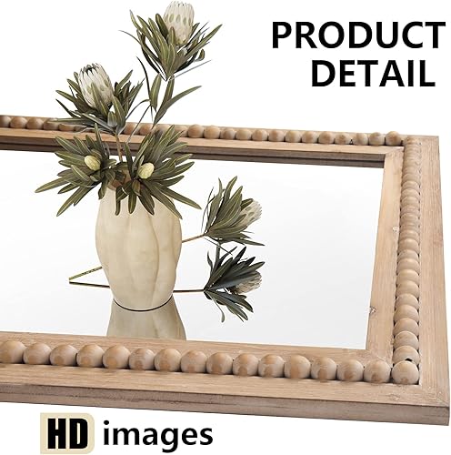 Miniatura 2 de H HOMEWINS Espejo rectangular rústico, espejo decorativo cuadrado de madera de 22 x 30 pulgadas, espejo decorativo de cuentas naturales de granja