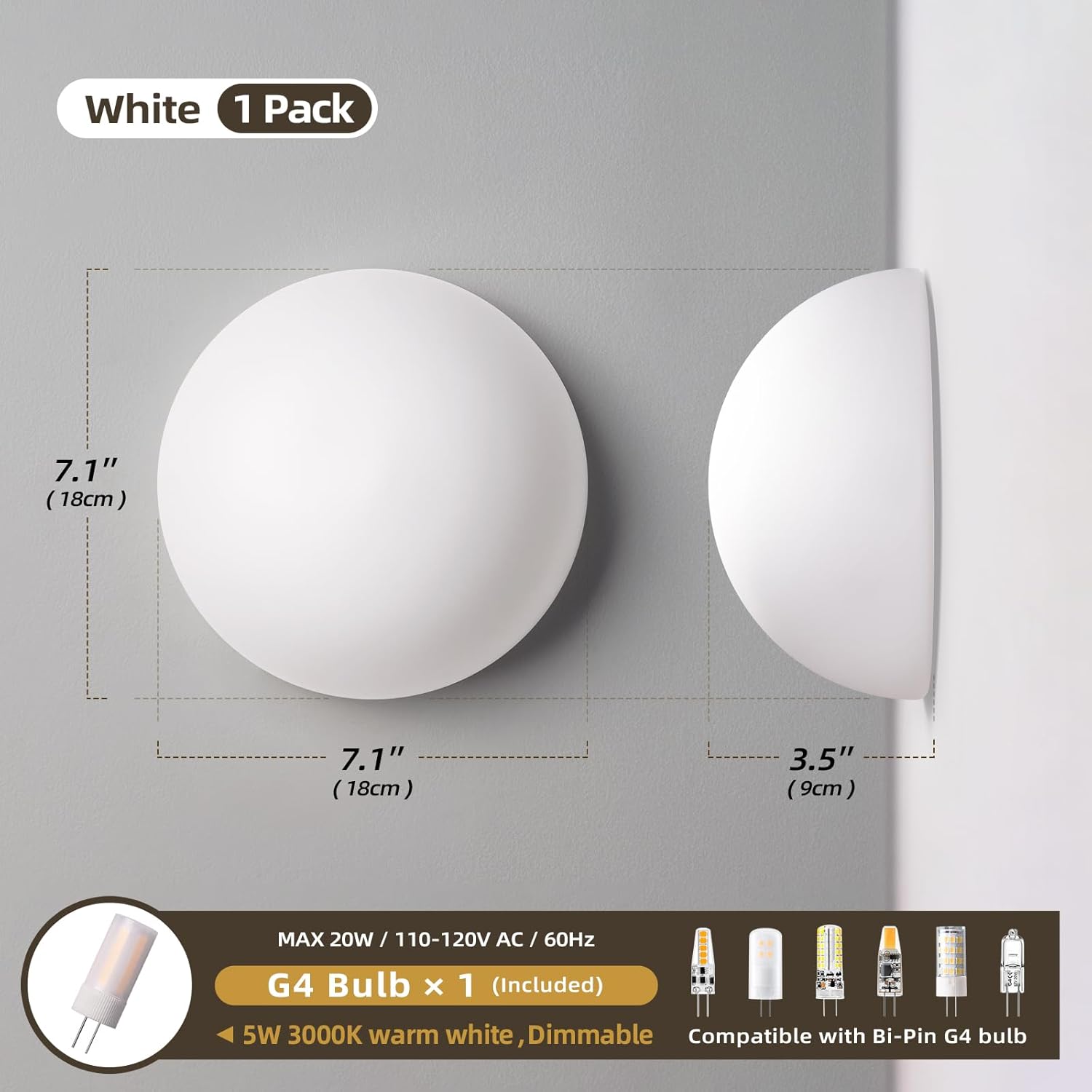 Globe Milk Glass Wall Sconce - Small 7 Inch Modern Round Lighting Fixtures, Mid Century Art Deco Indoor Ball Light, For Bedroom Bathroom Vanity Mirror Living Room Hallway Kitchen Bedside Mount Lamp