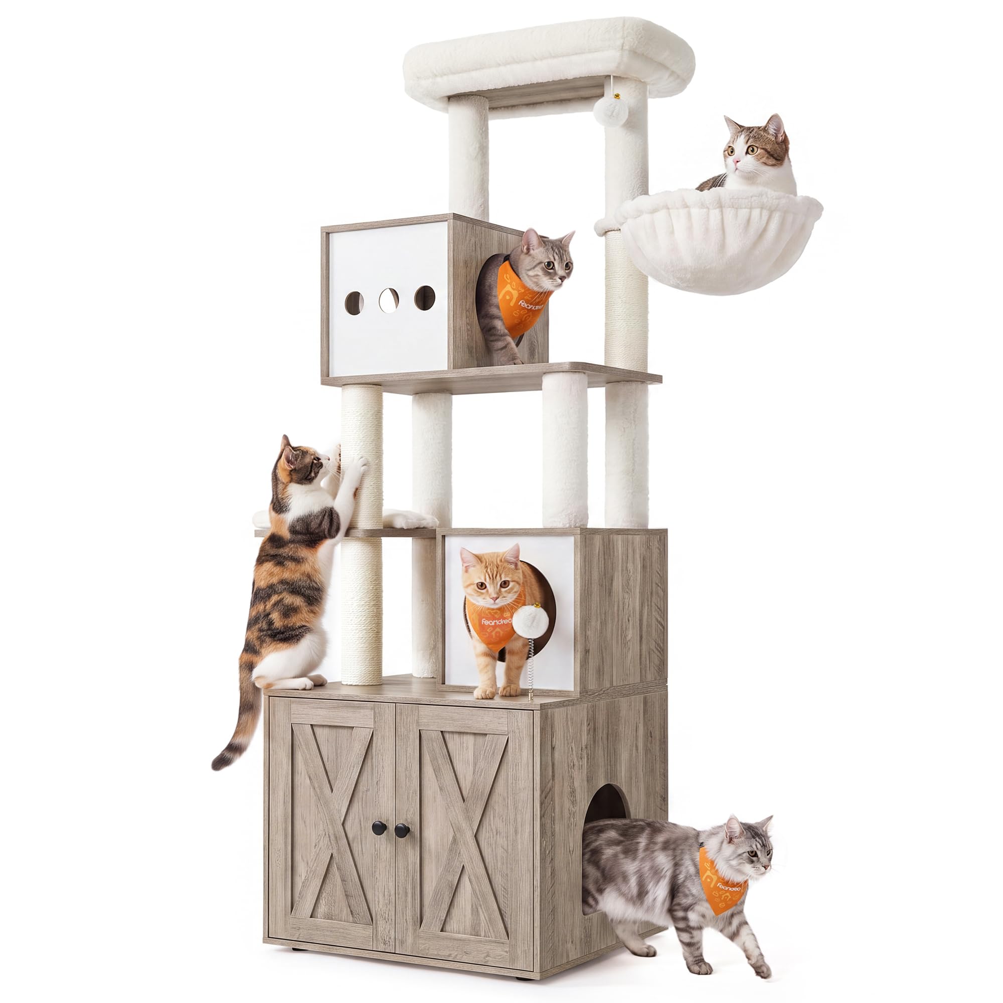 Feandrea Kratzbaum, mit Katzenklo-Schrank, 183 cm, waschbares Kissen | Katzenbaum, Katzenkratzbaum, Kratzsäule, Plattform, Greige meliert und Cremeweiß, HAINS Kollektion PCT116G01