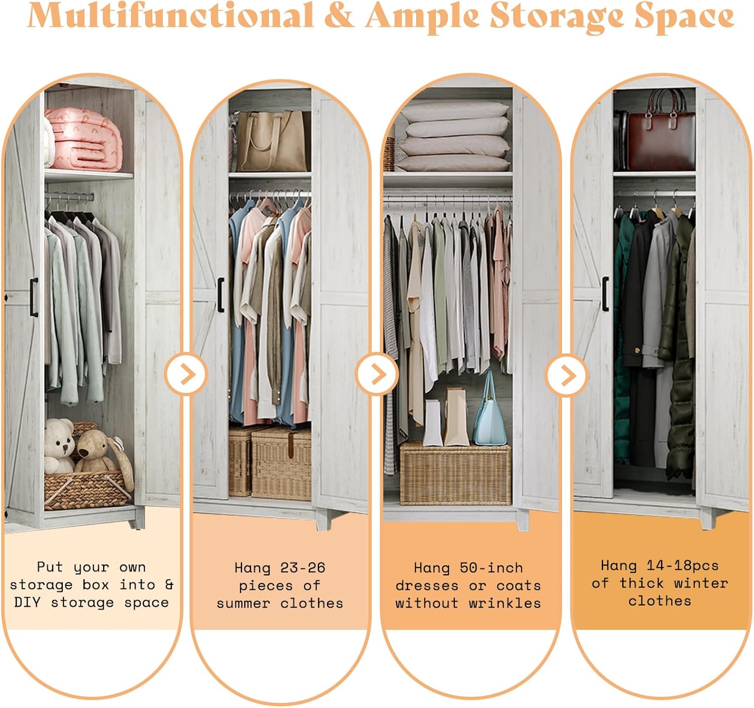 AMERLIFE Farmhouse Armoire Wardrobe Closet with 2 Barn Doors, 71'' Storage Cabinet with Hanging Rod & Shelf, Versatile Clothing Storage for Bedroom, White