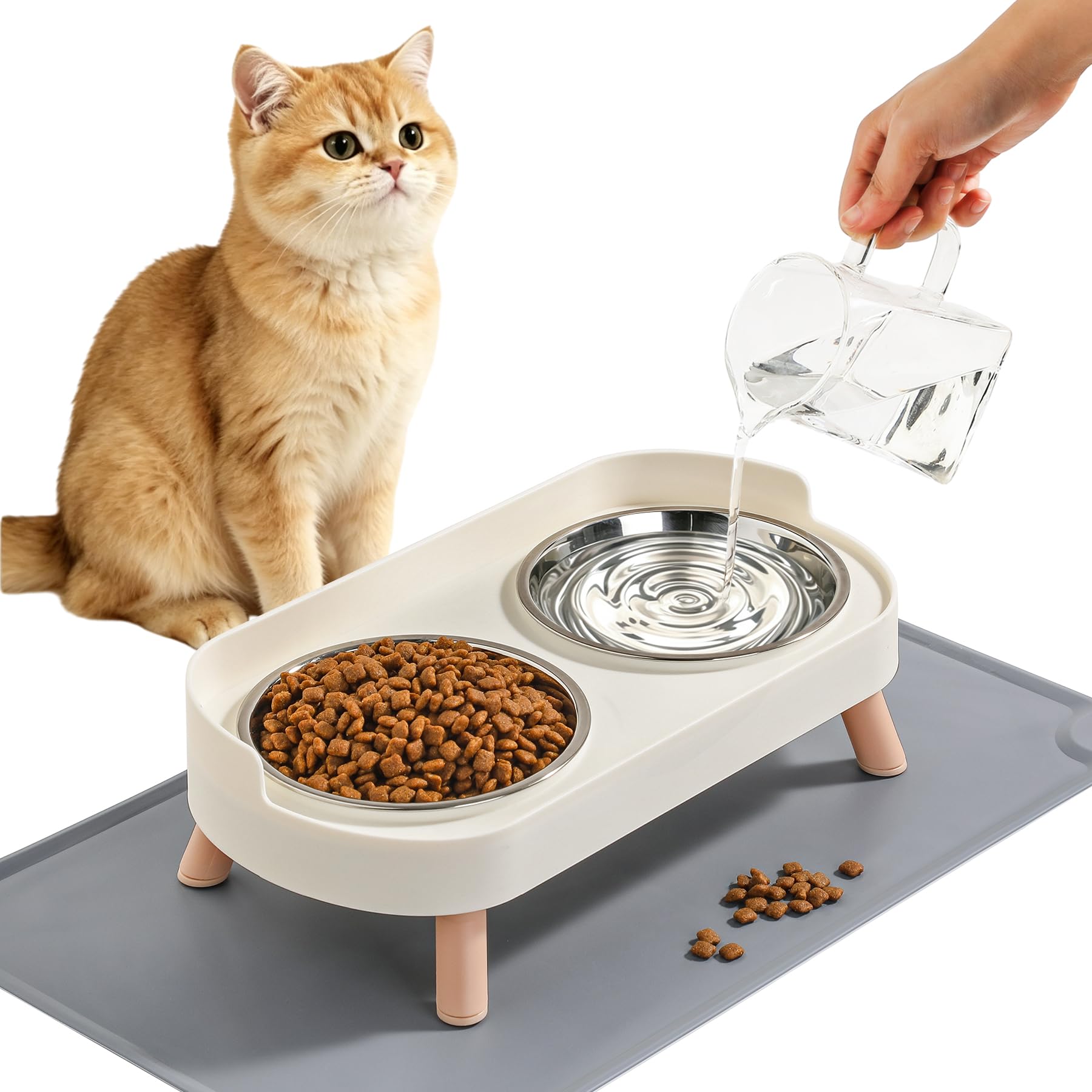 LoeJan Elevated Cat Bowls Set - Raised Cat Food and Water Bowl Set with Non Slip Stand - Pet Feeding Station with 2 Stainless Steel Bowls with Splash Proof Guard