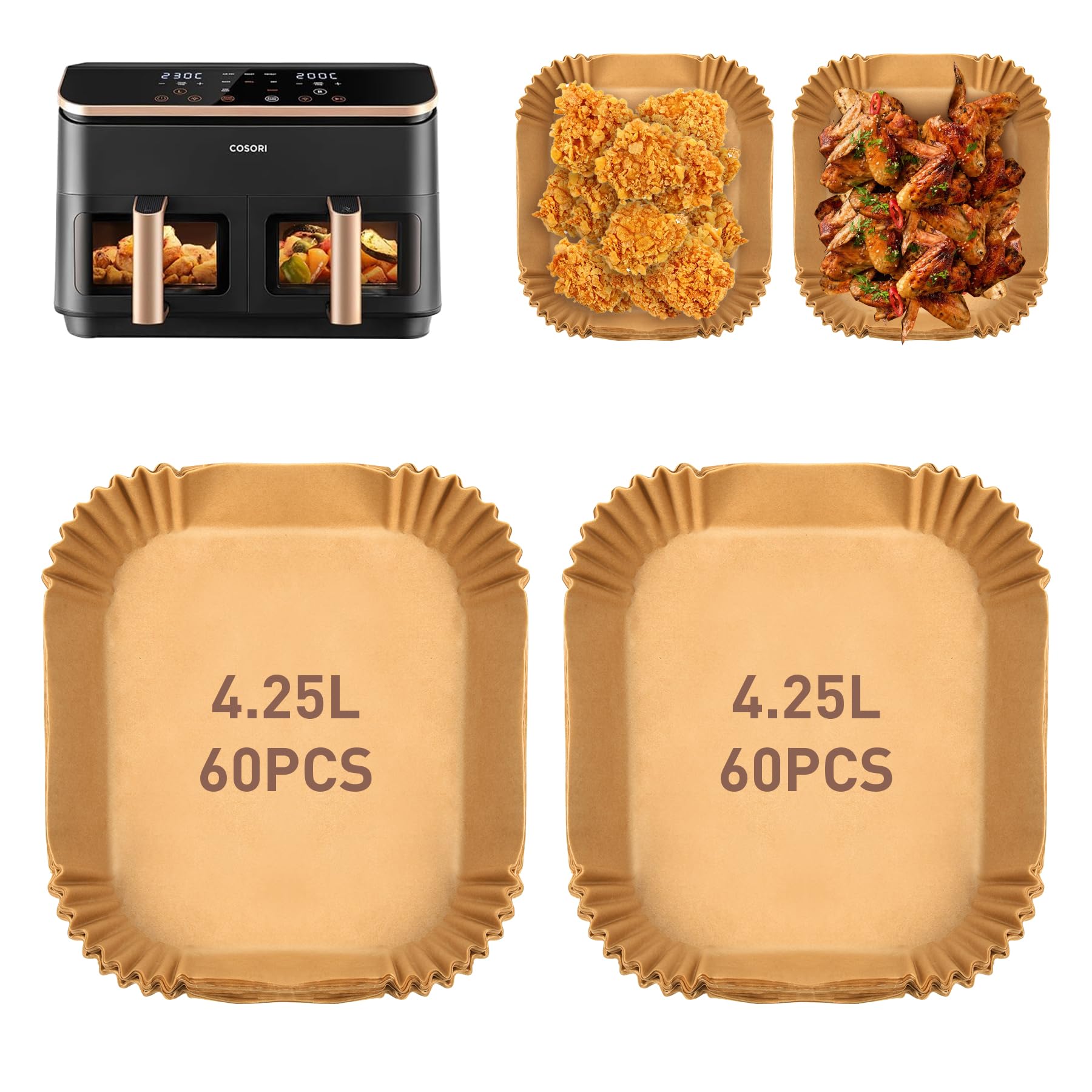 Ankway 120 Piezas 21x17cm Papel Freidora Aire, Papel Air Fryer para COSORI Doble Cesta 8,5L, Cookwise 9L, BPA free, Antiadherente, Desechable Accesorios Freidora de Aire