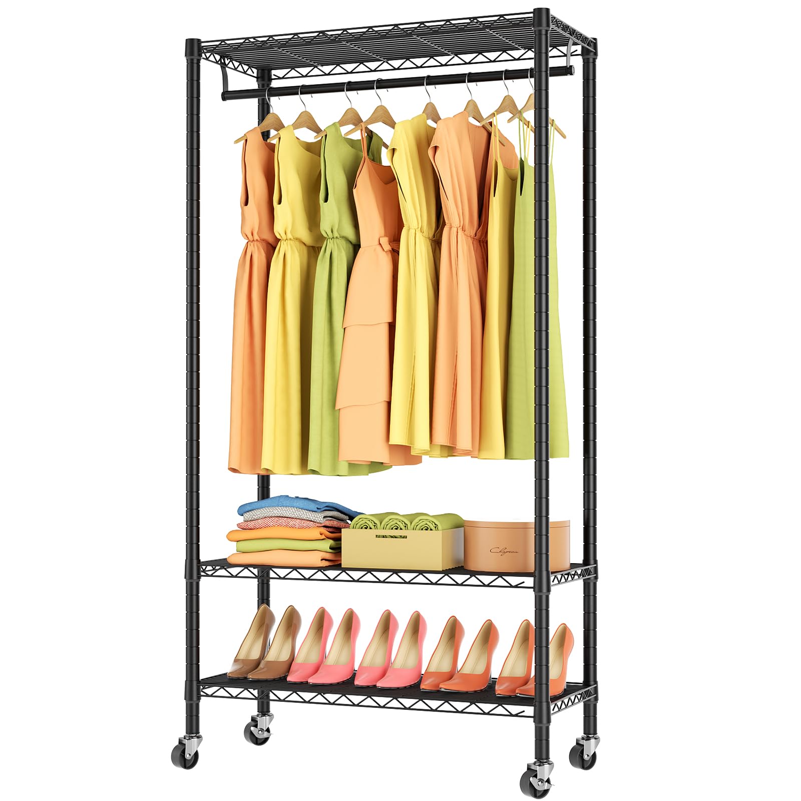 Golpart Rolling Clothes Rack Portable Garment Racks for Hanging Clothes, Freestanding Clothing Racks Closet with Adjustable Shelve & Wheel, Heavy Duty Metal Wardrobe Bedroom Laundry-room, Black