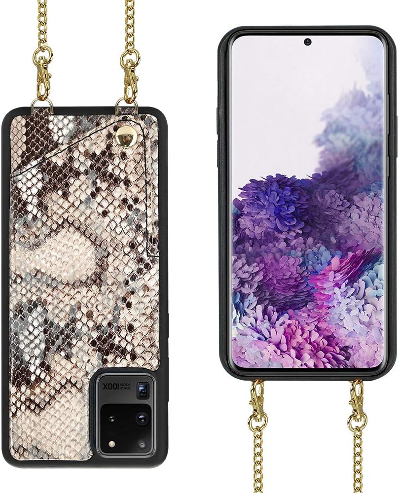 JLFCH Galaxy S20 Ultra Wallet Case, Wallet Case for Samsung Galaxy S20 Ultra 5G Crossbody Chain Case with Card Slot Holder Leather Protective. S20 Ultra 6.9 inch - Khaki Snake
