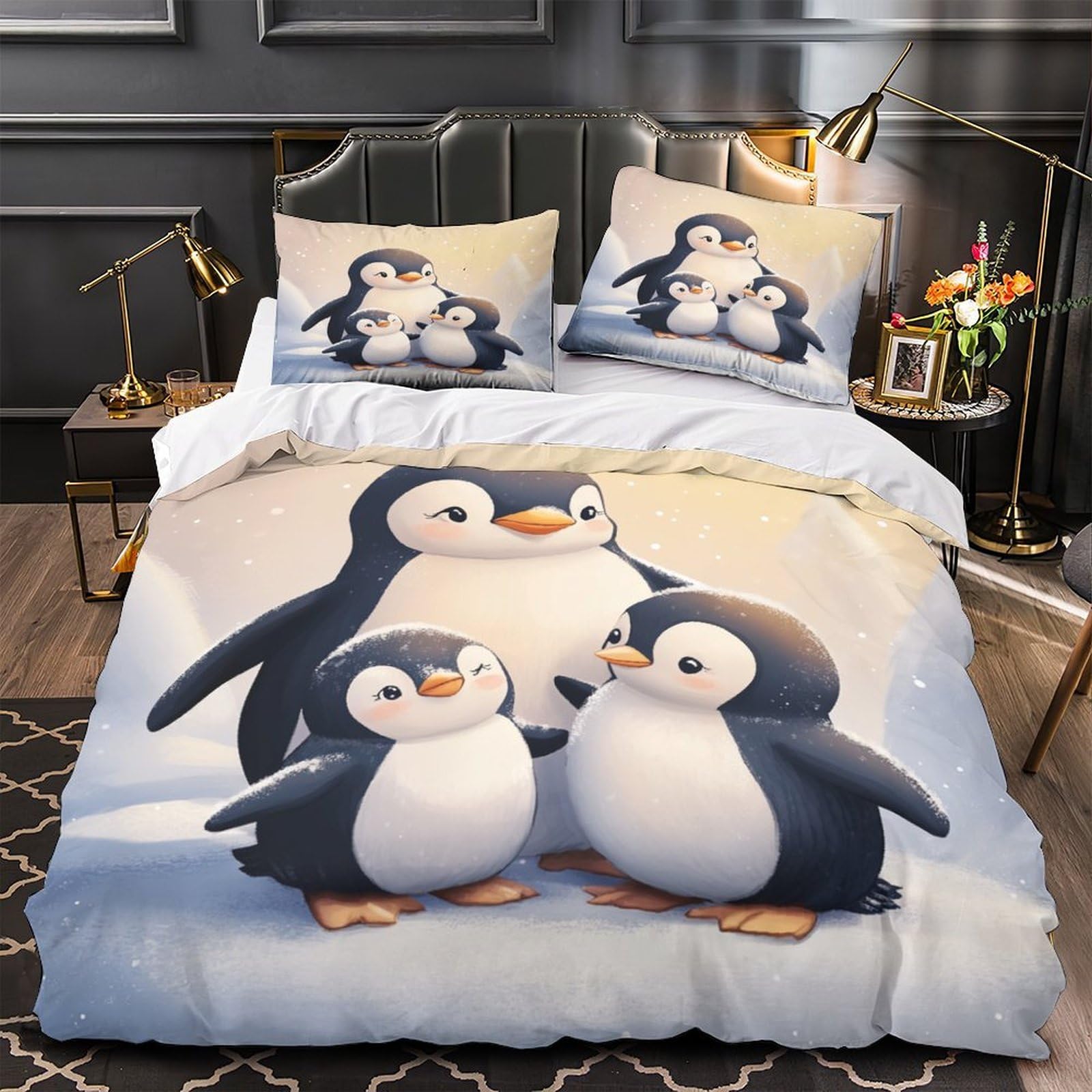 Drap de couette pingouin imprimé 3D anti-tache en microfibre pour le lit des couples