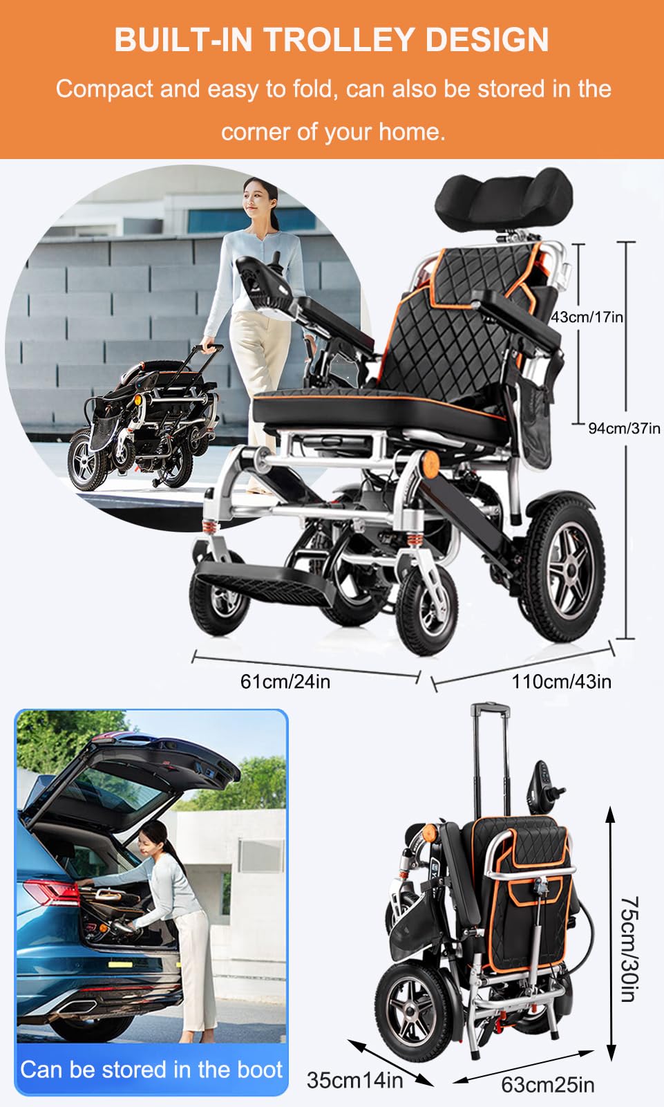 Amazon | 大人用リクライニング式折りたたみ電動車椅子、500Wスーパー 
