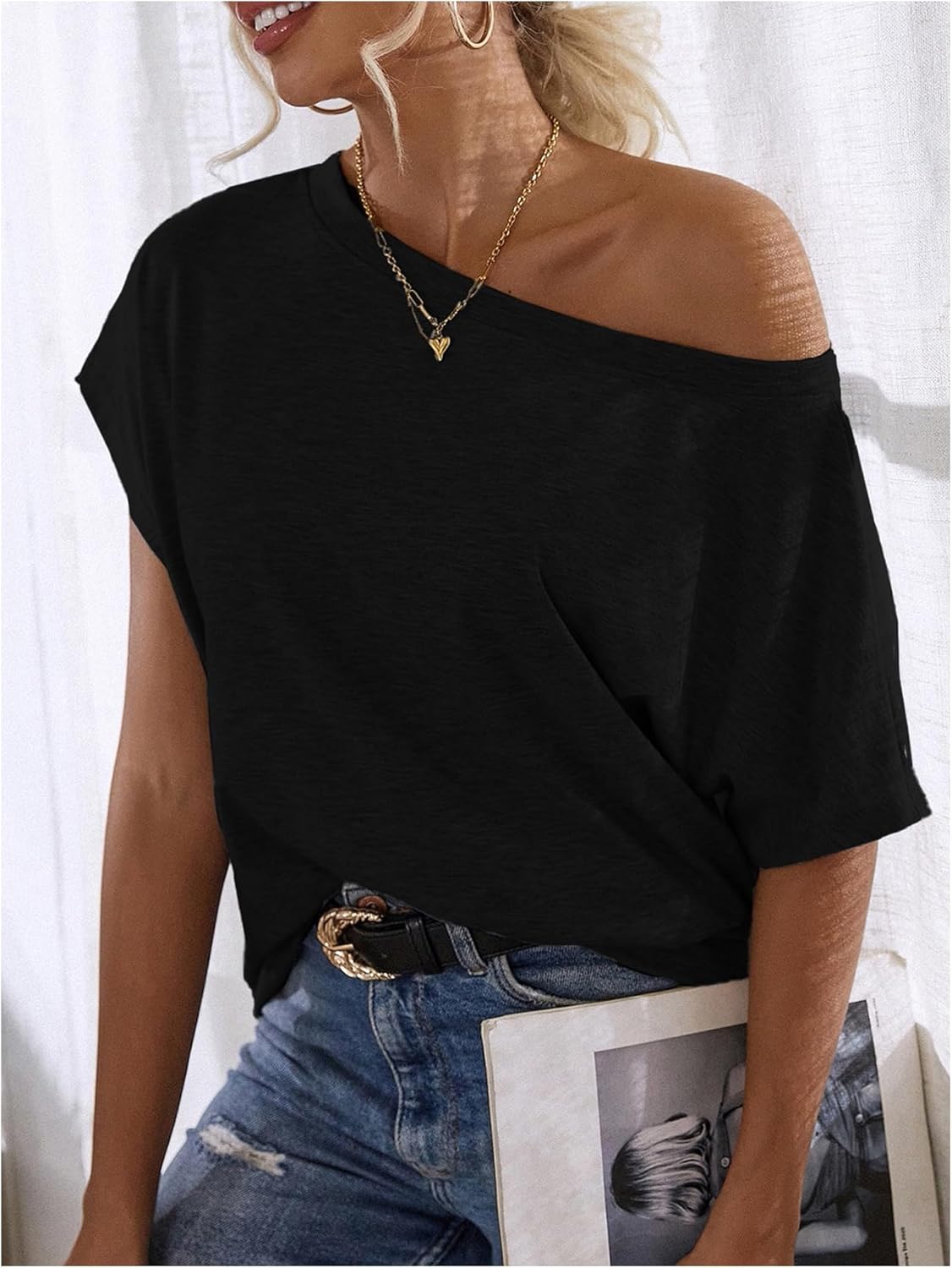 SOLY HUX Women's Off The Shoulder Tops Summer Short Sleeve Loose Dressy Casual T Shirts - Image 3