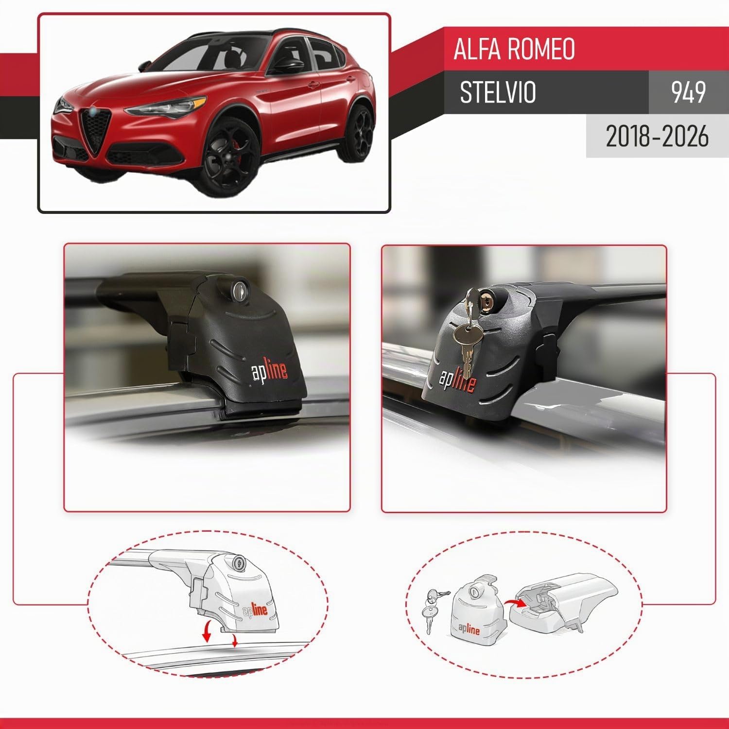 Compatibile con Alfa Romeo Stelvio (949) 2018-2026 Modello ACE-2 Barre Tetto Portapacchi Auto Barre Portatutto Nero Alluminio 2 Barre