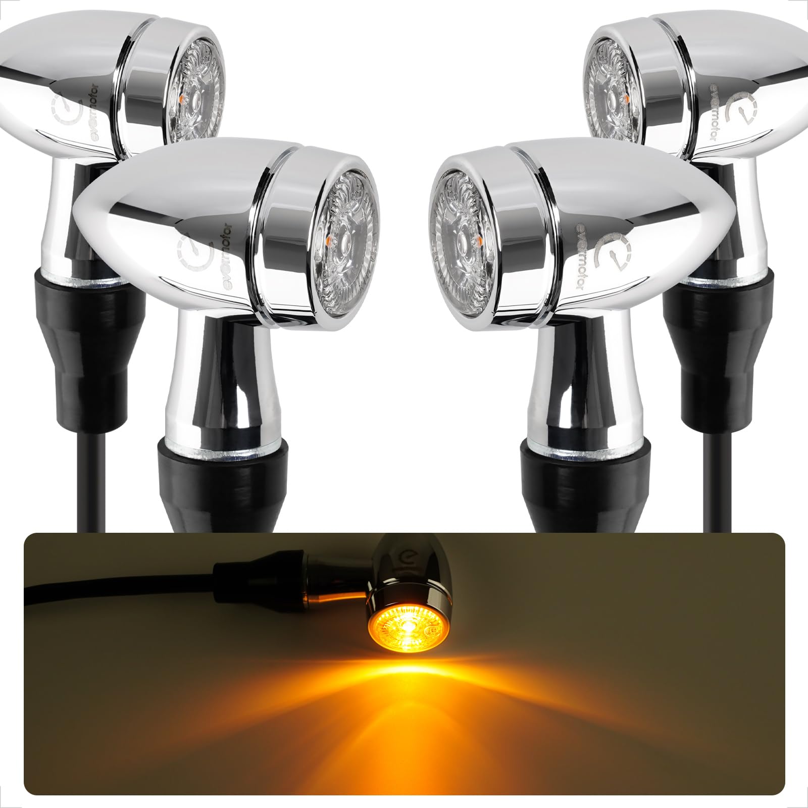 evermotor Chromowane CNC 12 V 4 szt. mini kierunkowskazów motocyklowych LED, aluminiowa powłoka z wykończeniem powierzchni, stylowa powierzchnia, wodoodporna IP67, zatwierdzony E, bursztyn