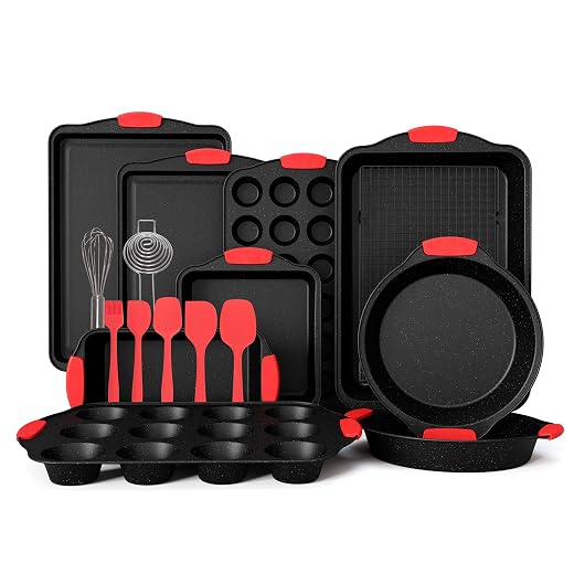MAISON ARTS 18-Piece Nonstick Carbon Steel Baking Pans Set, Black Stackable Bakeware Sets for Cooking, 500°F Oven Safe, Cookie Sheets, Loaf, Muffin, Pizza, Pie, Round/Square Pans with Silicone Grips
