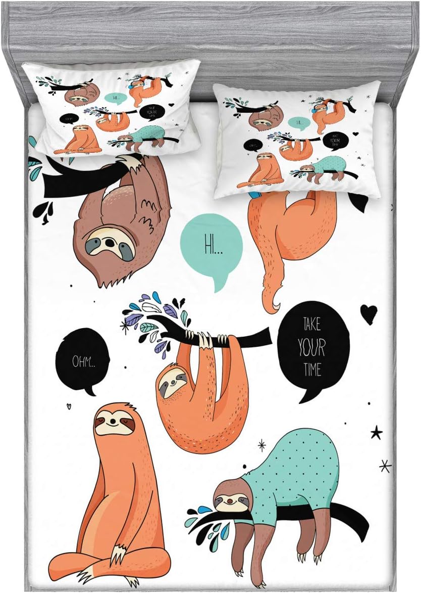 Ambesonne Animal Fitted Sheet & Pillow Sham Set, Cartoon Style Illustration Tribe of Sloths Smiles Sleeping Lazy Does Yoga Words, Decorative Printed 3 Piece Bedding Decor Set, Queen, Salmon Teal