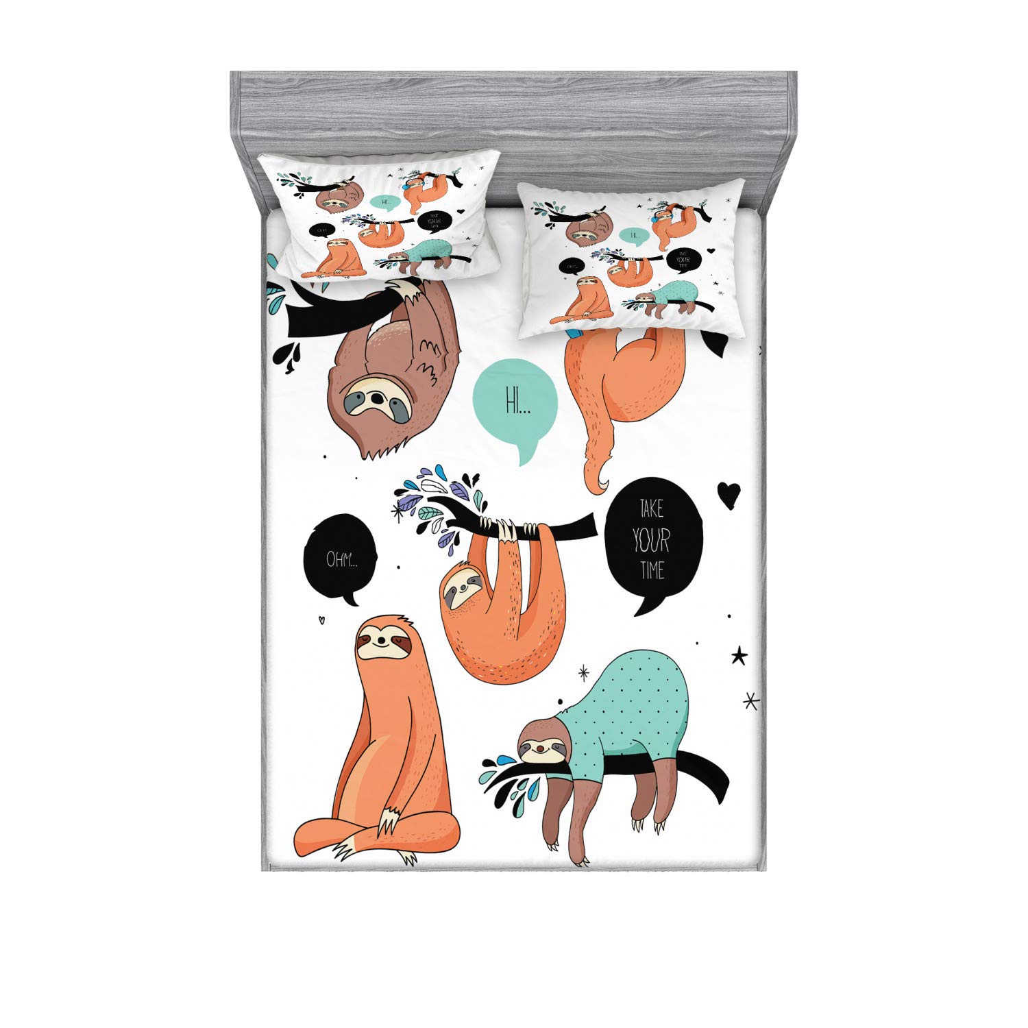 Ambesonne Animal Fitted Sheet & Pillow Sham Set, Cartoon Style Illustration Tribe of Sloths Smiles Sleeping Lazy Does Yoga Words, Decorative Printed 3 Piece Bedding Decor Set, Full, Salmon Teal