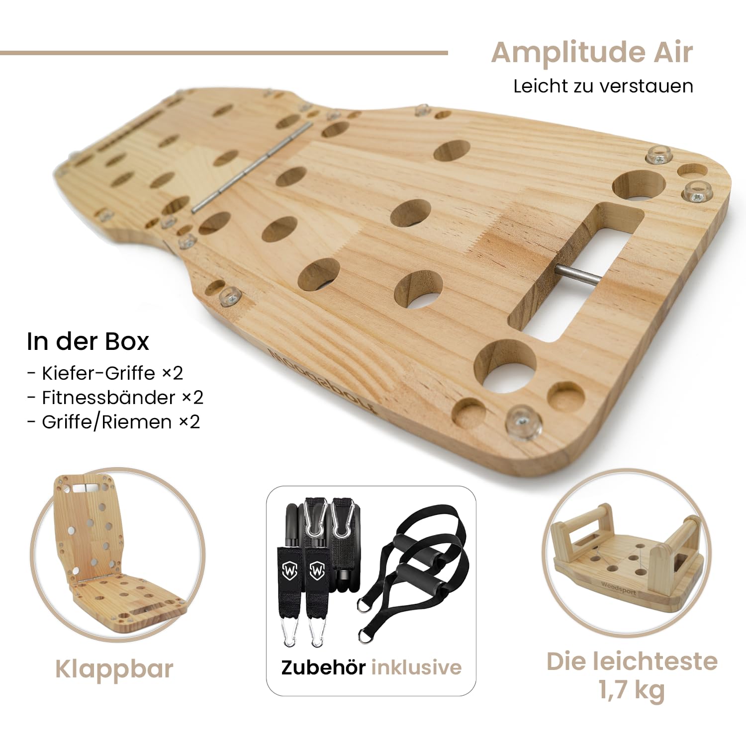 Amplitude – Premium Liegestützbrett/Push up Board aus Holz für Home gym – Klappbares Fitnessgerät für Zuhause – inkl. resistance bands + 30-in-1 Trainingsanleitung