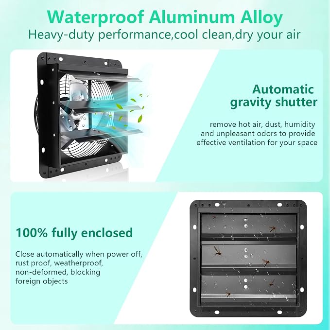 Ventilador Extractor de Pared de 10 Pulgadas, 647 CFM, 1700 RPM, con Persianas Automáticas de Aluminio y Interruptor ON/OFF, para Gallineros, Invernaderos, Garajes, Cobertizos y Graneros miniatura 3