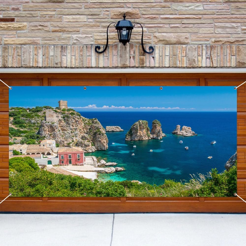 Leowefowa Italy Amalfi Coastal Scenic Garage Door Decorations European Tourism Resort Landscape Hanging Garage Door Cover Banner Decors for Wedding Bridal Shower Indoor Outdoor 7x16ft