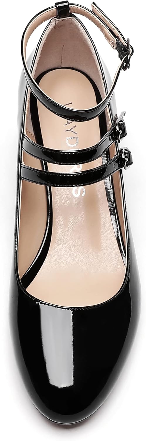 WAYDERNS Women's Block Ankle Strap Mary Jane Round Toe Patent Buckle Chunky Low Heel Pumps Cute Dress Shoes 2 Inch