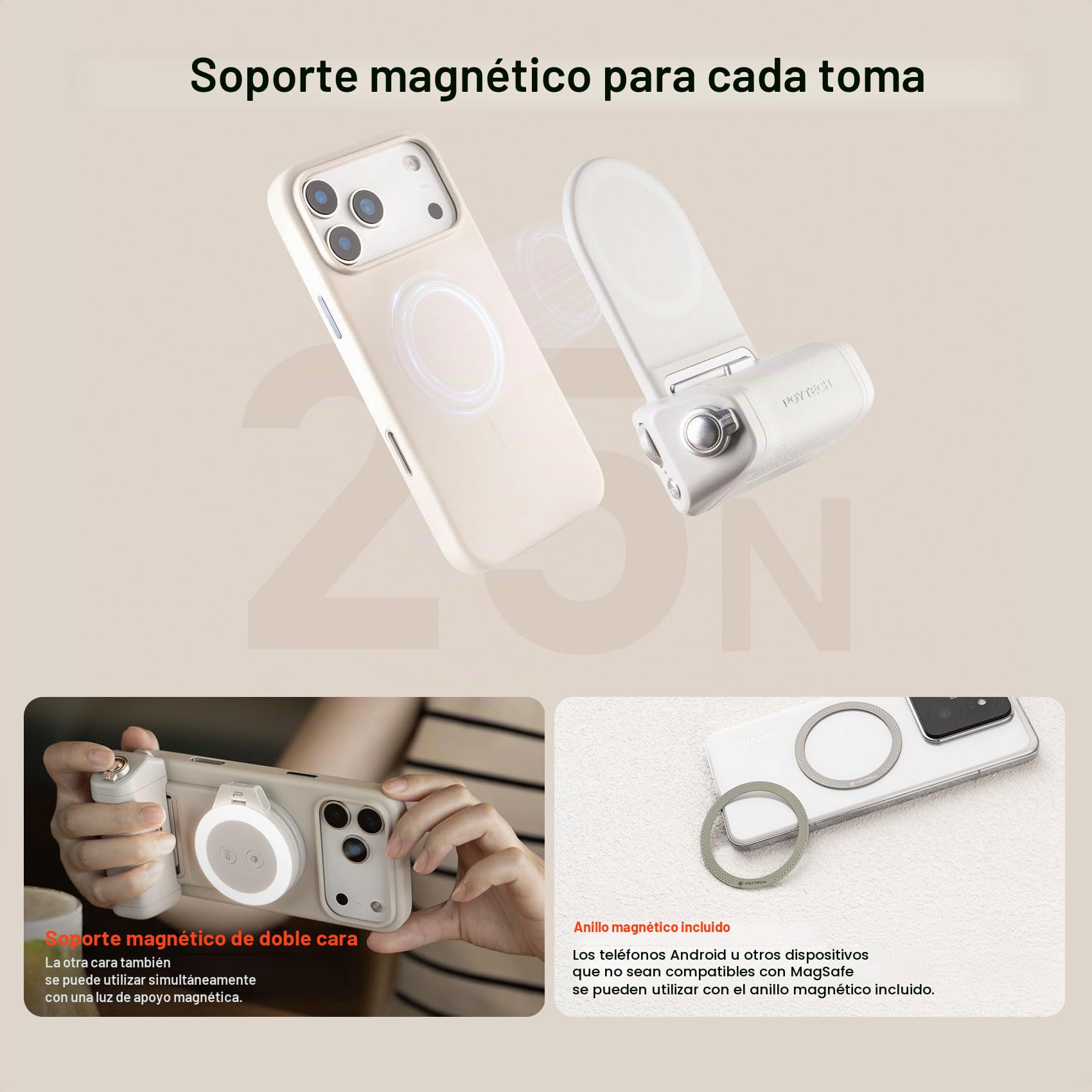 PGYTECH MagCam 2 Agarre para Smartphone, Kit Modular 3-en-1, Mando Bluetooth & Agarre de Carga & Soporte de Carga Inalámbrica Magnética MagSafe, para iPhone 12–17/Android 14 (Negro)