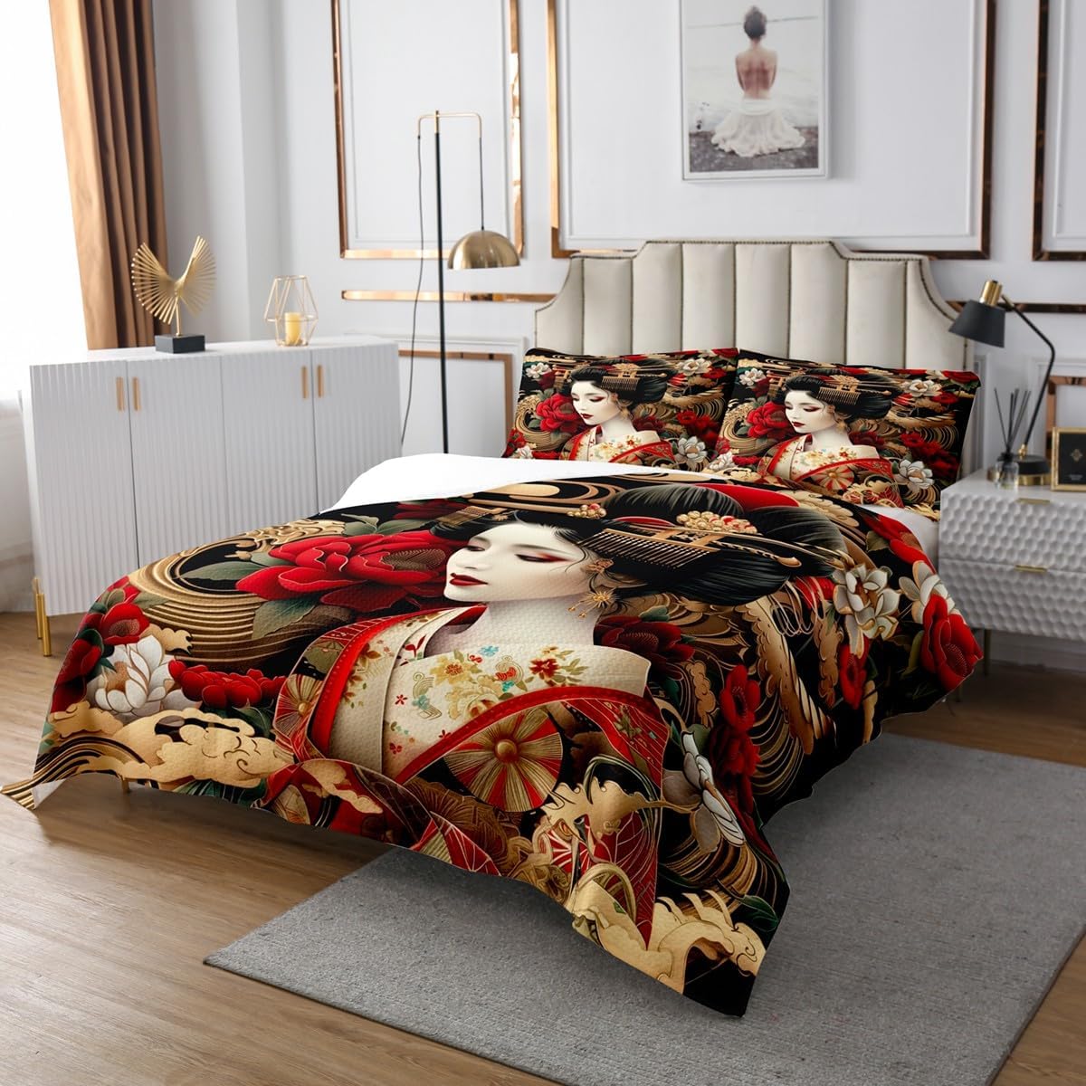 Erosebridal Japanese Geishas Quilt Sets Kyoto Japan Bedspread Set Queen Size for Kids Teen Women,Red Luxurious Kimono Coverlet Sets Red White Flowers Bed Set 2 Pillow Cases