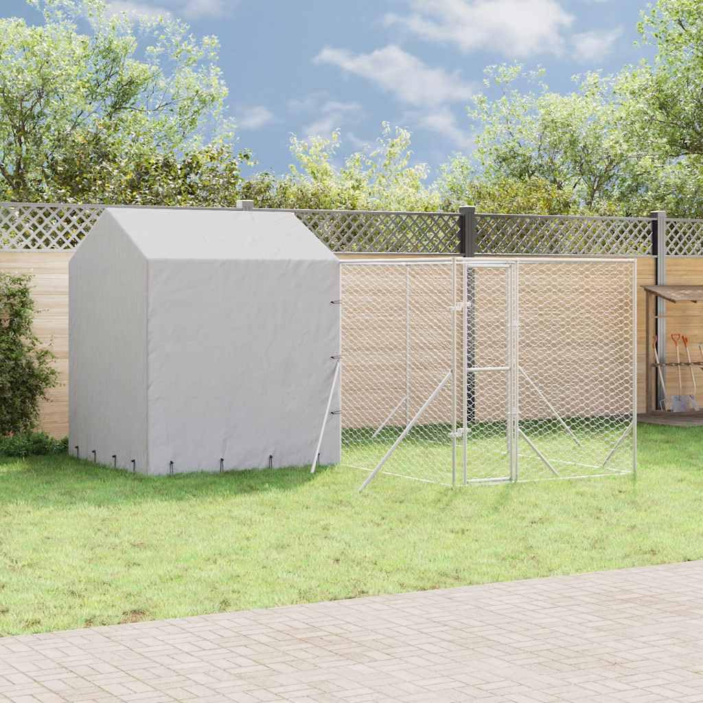 Perrera para perros con techo plateado de acero galvanizado, 4 x 4 x 2,5 m, resistente a la intemperie, con puerta con cierre, adecuado como caño para cachorros, parque libre para jardín y