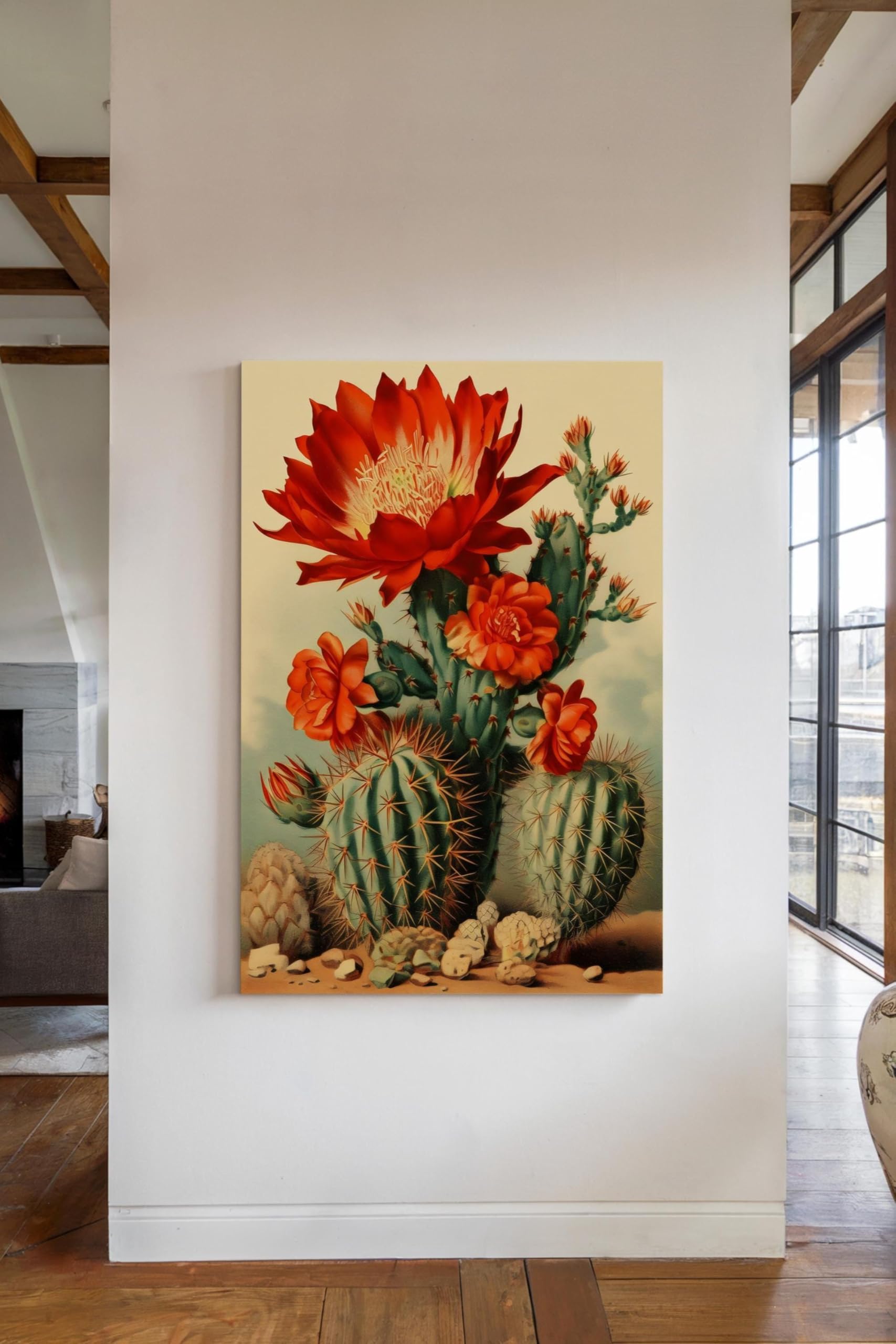 lianyibo Vintage Cactus Bloom Canvas Wall Art Print, Desert Painting, Cacti Wall Hanging, Succulent Plant Print Home Decor(40x60cm/Frameless)