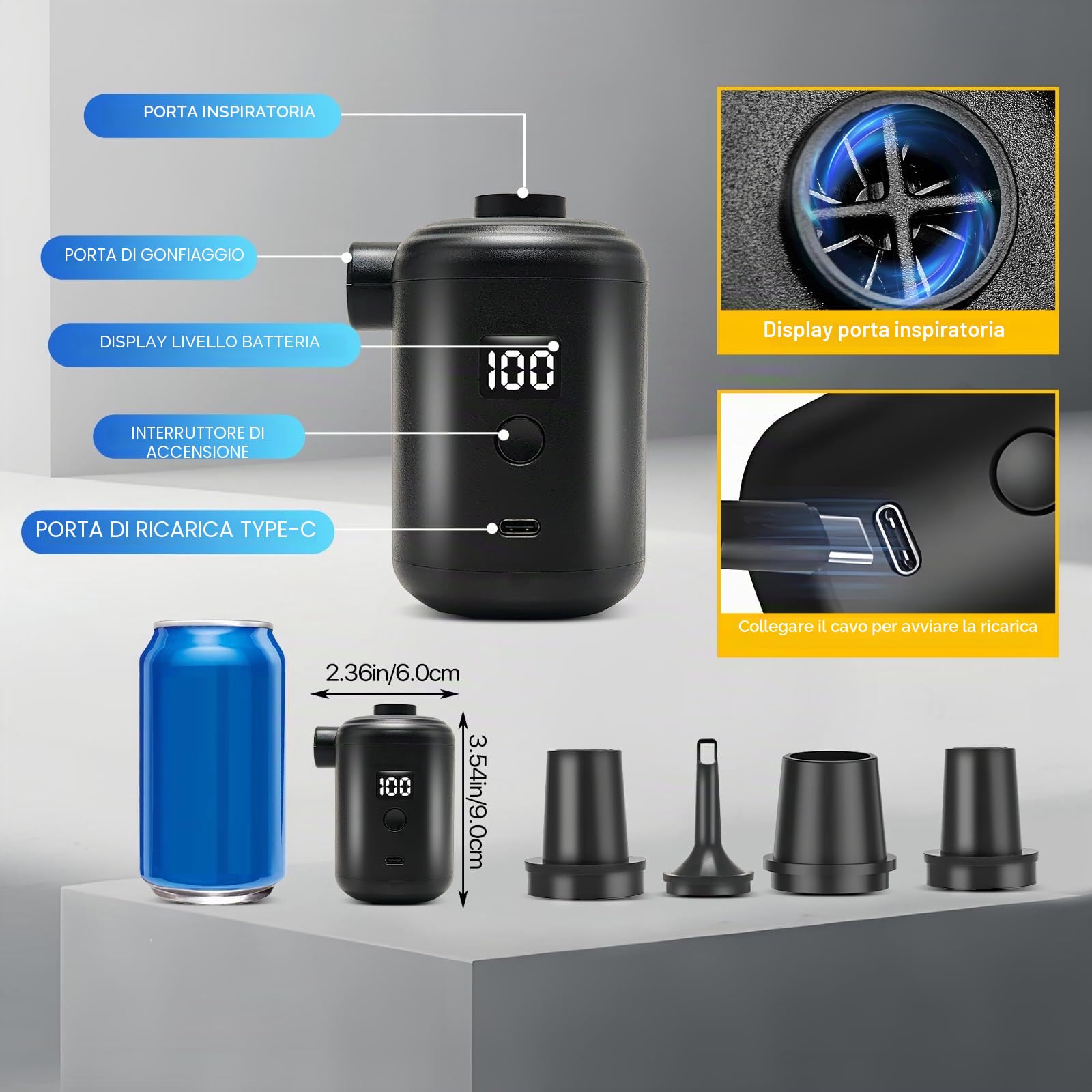 Pompa Elettrica, 3600 Mah, Ricarica Usb, Mini Pompa Ad Aria, Gonfiatore Elettrico, 280 L/Min, Con Set Di 4 Ugelli, Indicatore Digitale Della Batteria, Portatile Per Materasso Ad Aria