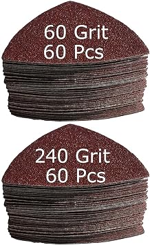 XXGO 120 قطعة 3-1 / 8 بوصة 80 مم مجموعات منصات الصنفرة متعددة الأدوات المذبوحة تتضمن 60 Grits 240 Grits Triangular Multitool Sandpaper 60 قطعة كل XGM0310